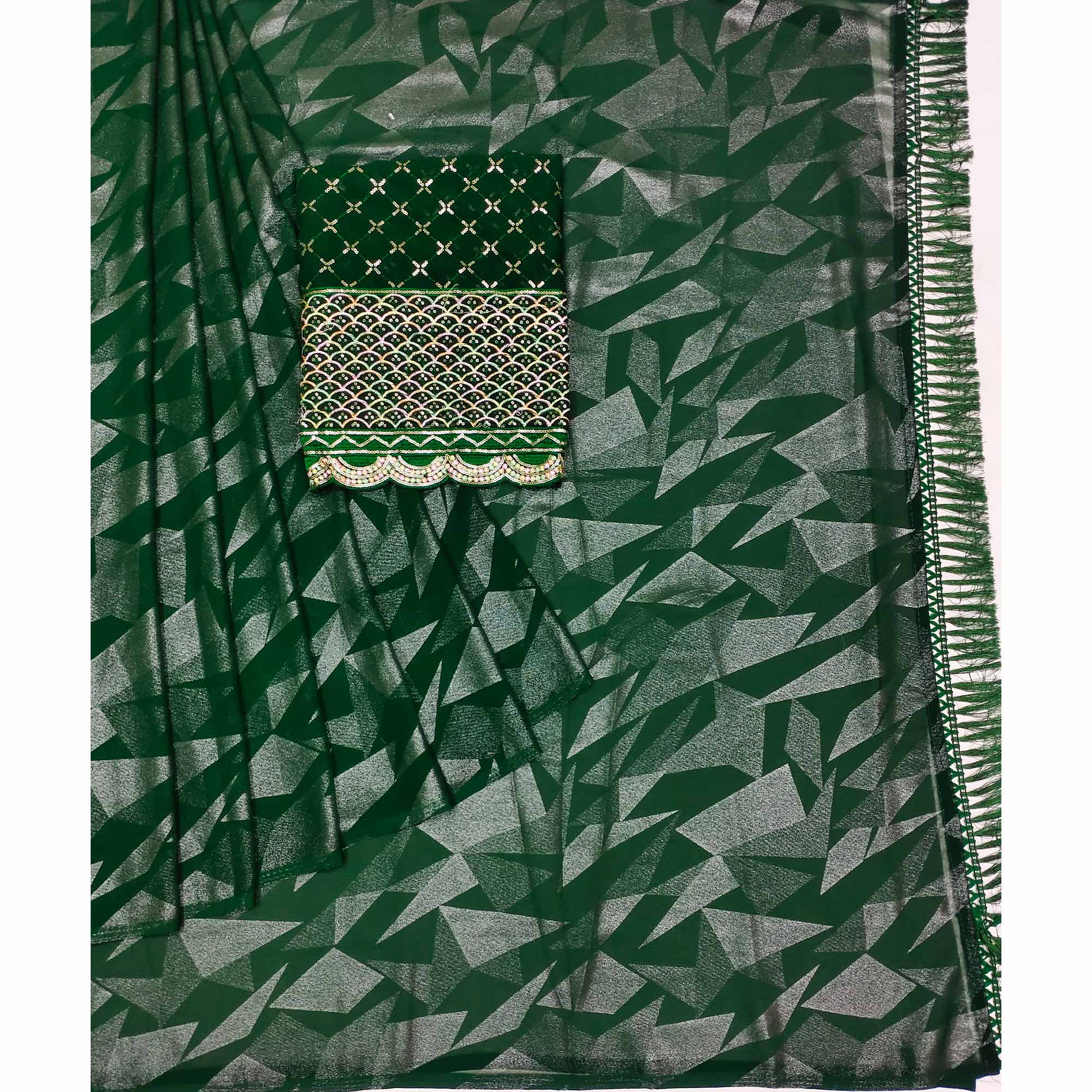 Green Foil Printed Georgette Saree