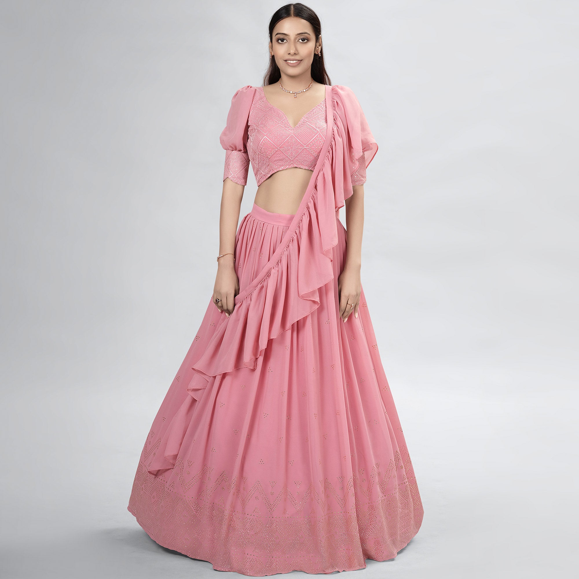 Pink Embellished With Embroidered Georgette Lehenga Choli