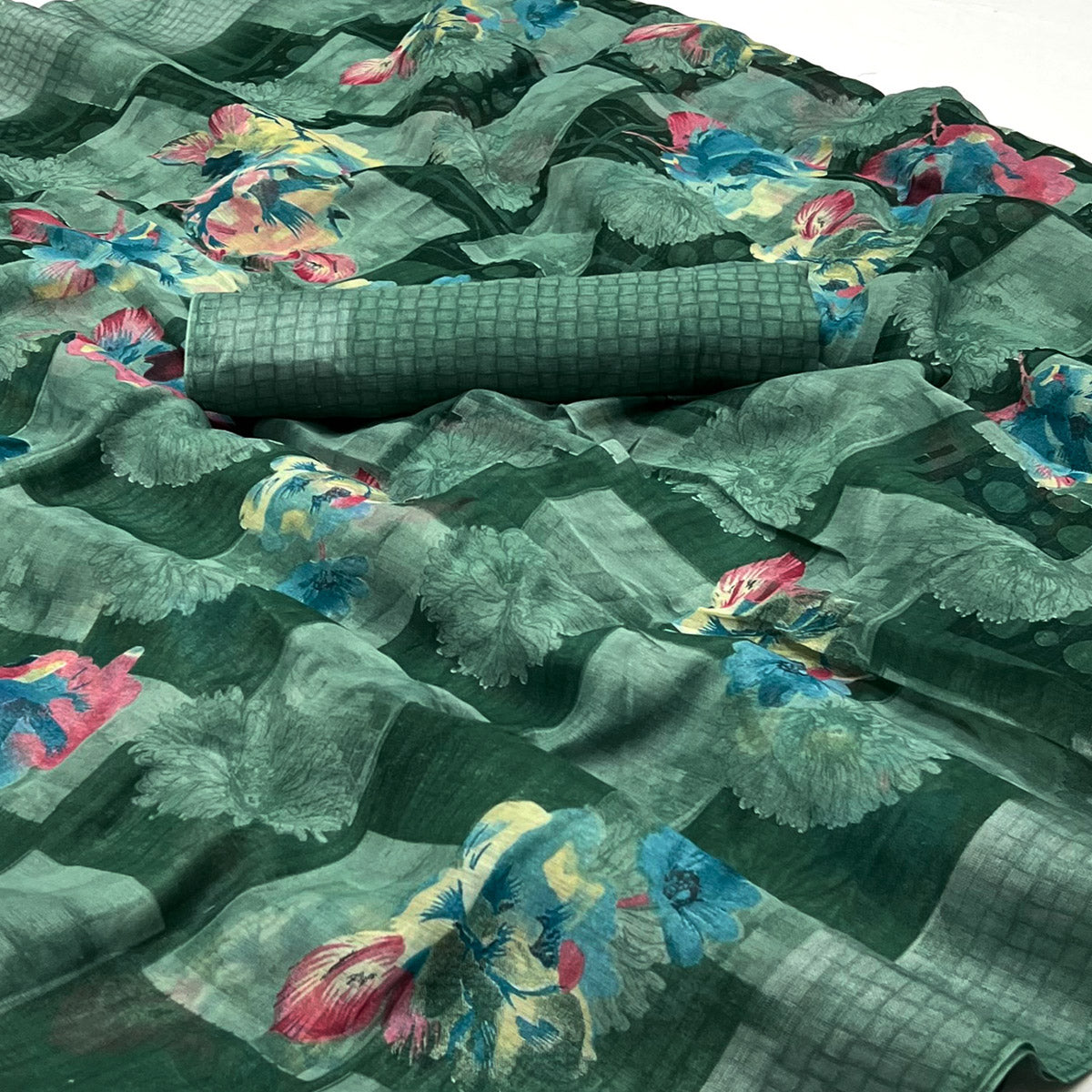 Green Floral Printed Linen Saree