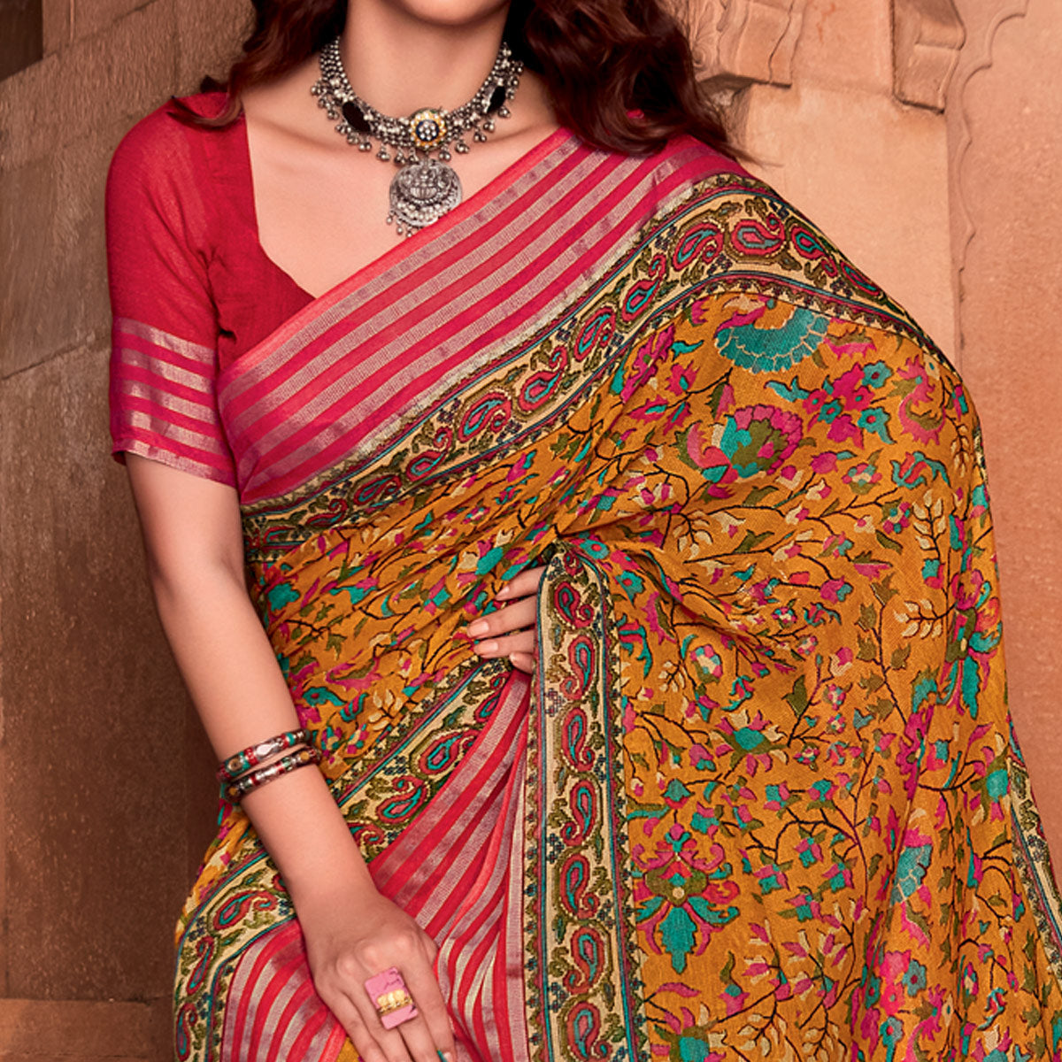 Mustard Floral Printed Linen Saree