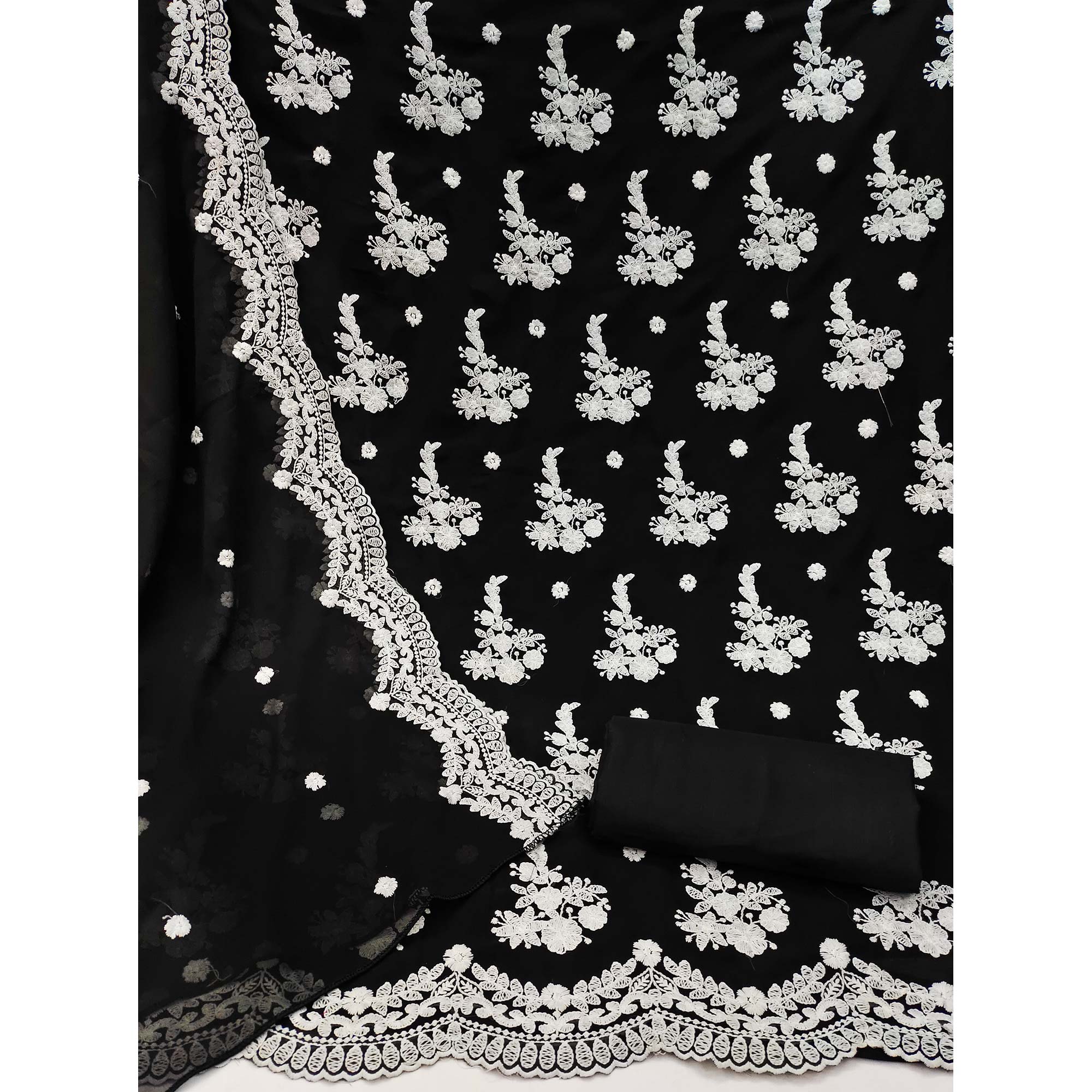 Black Floral Embroidered Georgette Dress Material