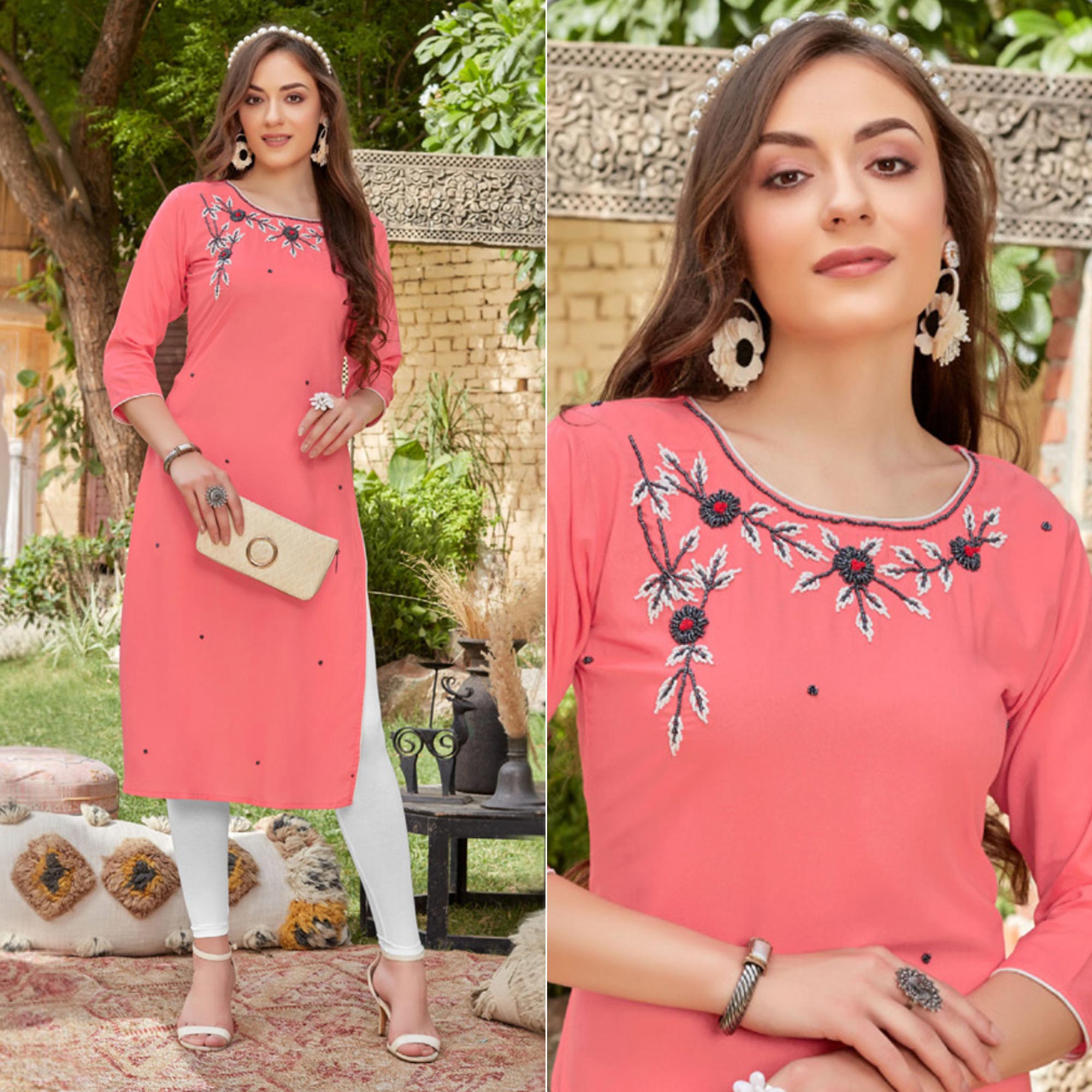 Pink Embroidered Rayon Kurti