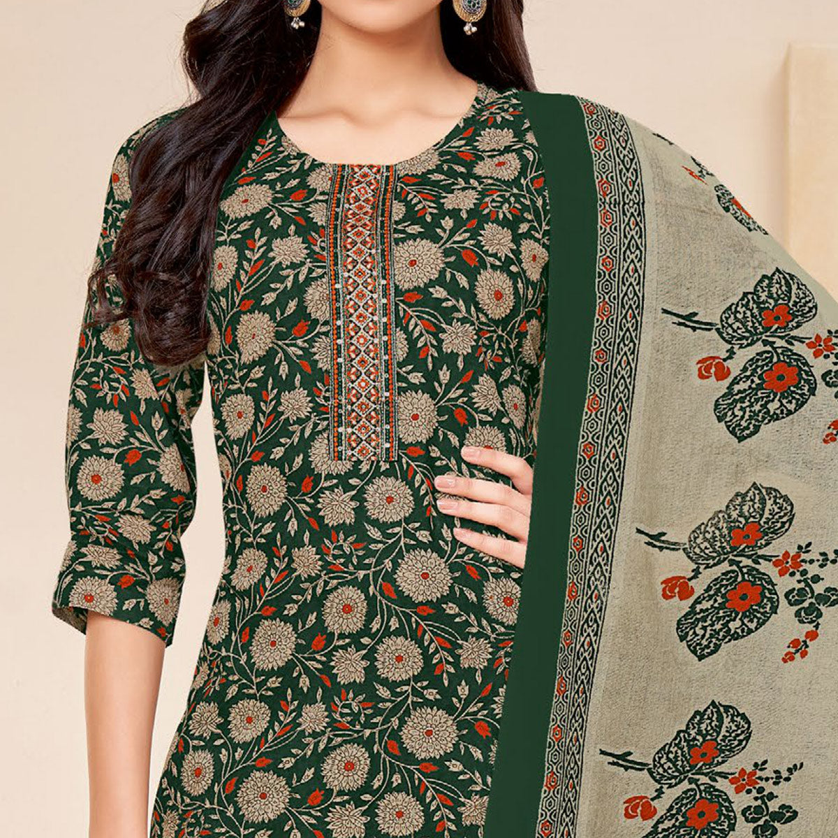 Green Printed With Tie Embroidered Pure Cotton Suit