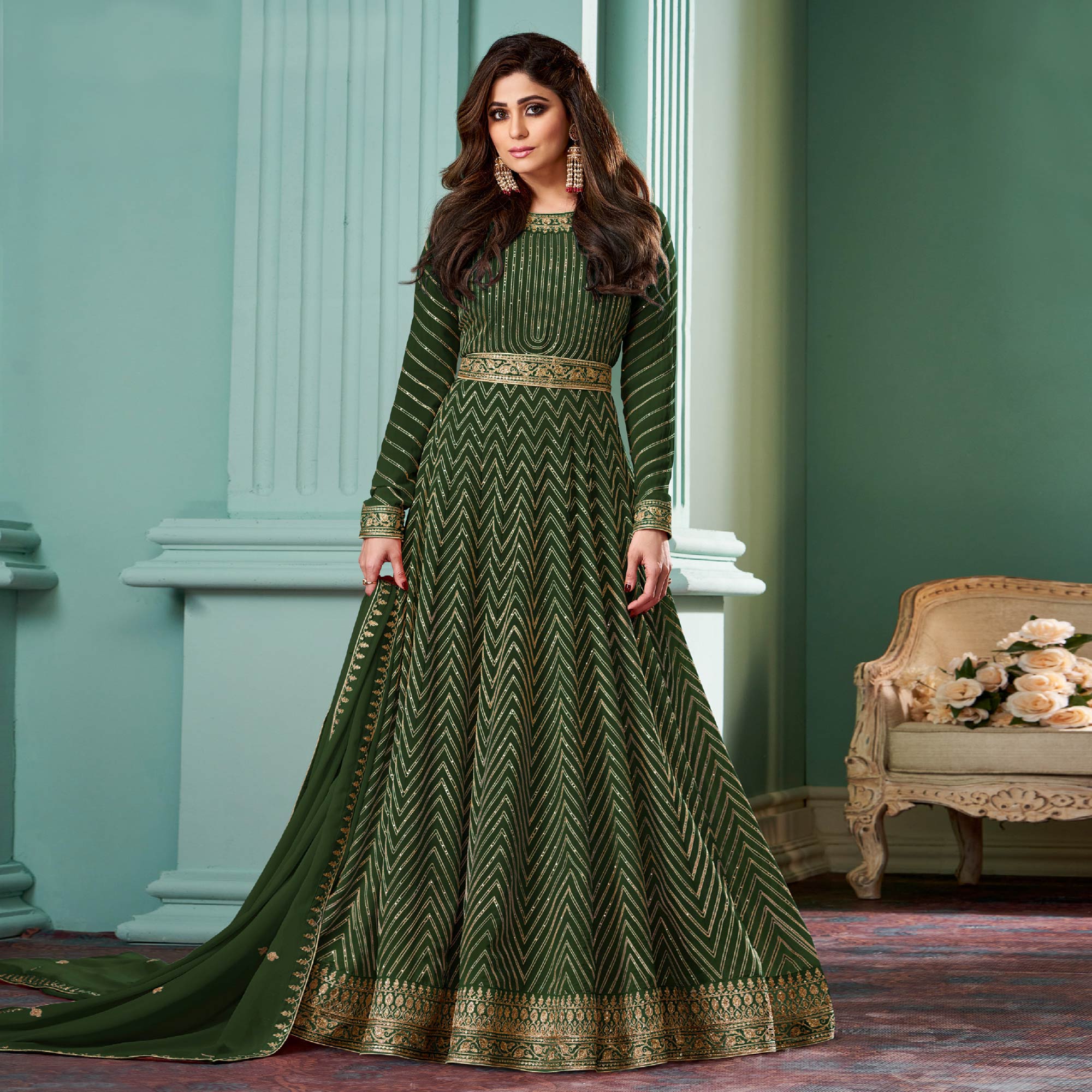 Green Sequins Embroidered Georgette Gown