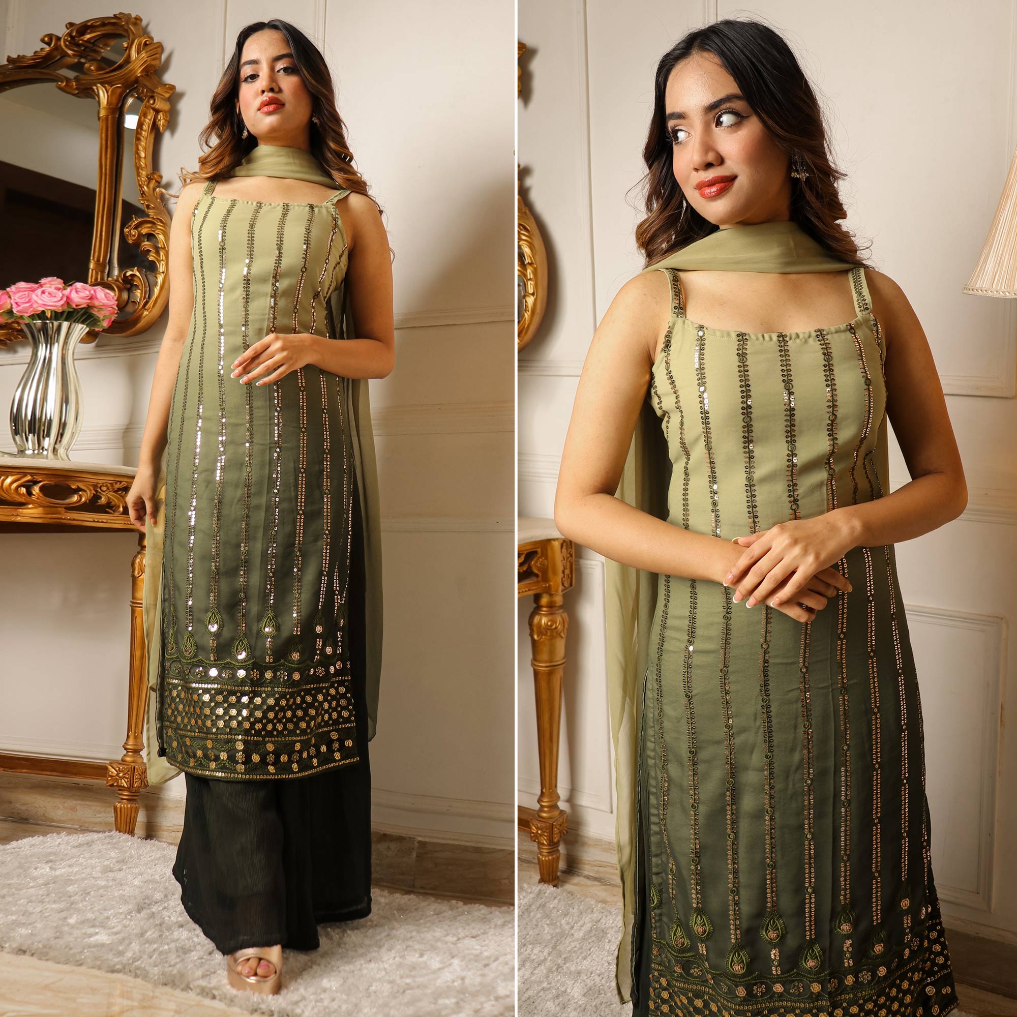 Green Sequins Embroidered Georgette Palazzo Suit