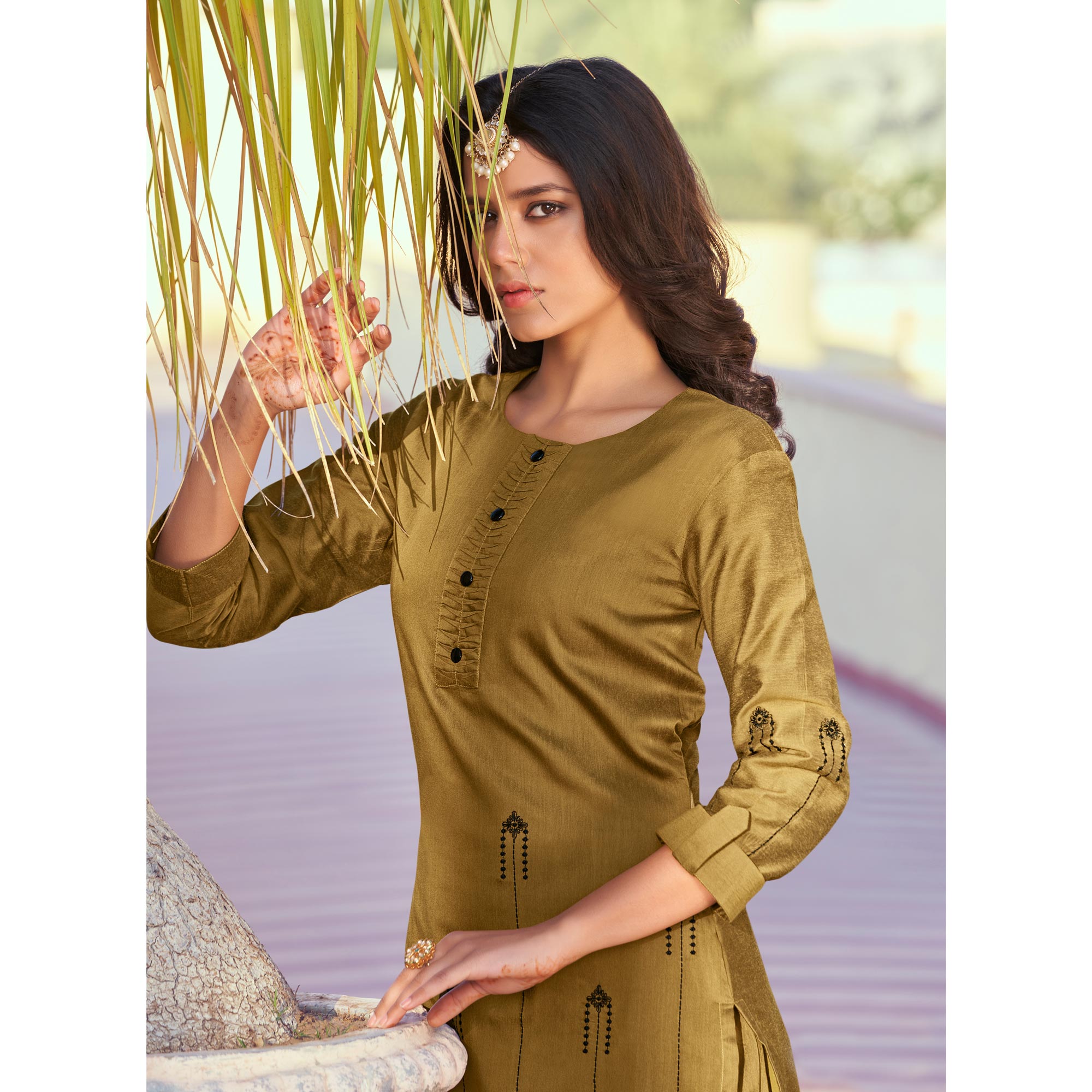 Brown Embroidered Art Silk Kurti Pant Set