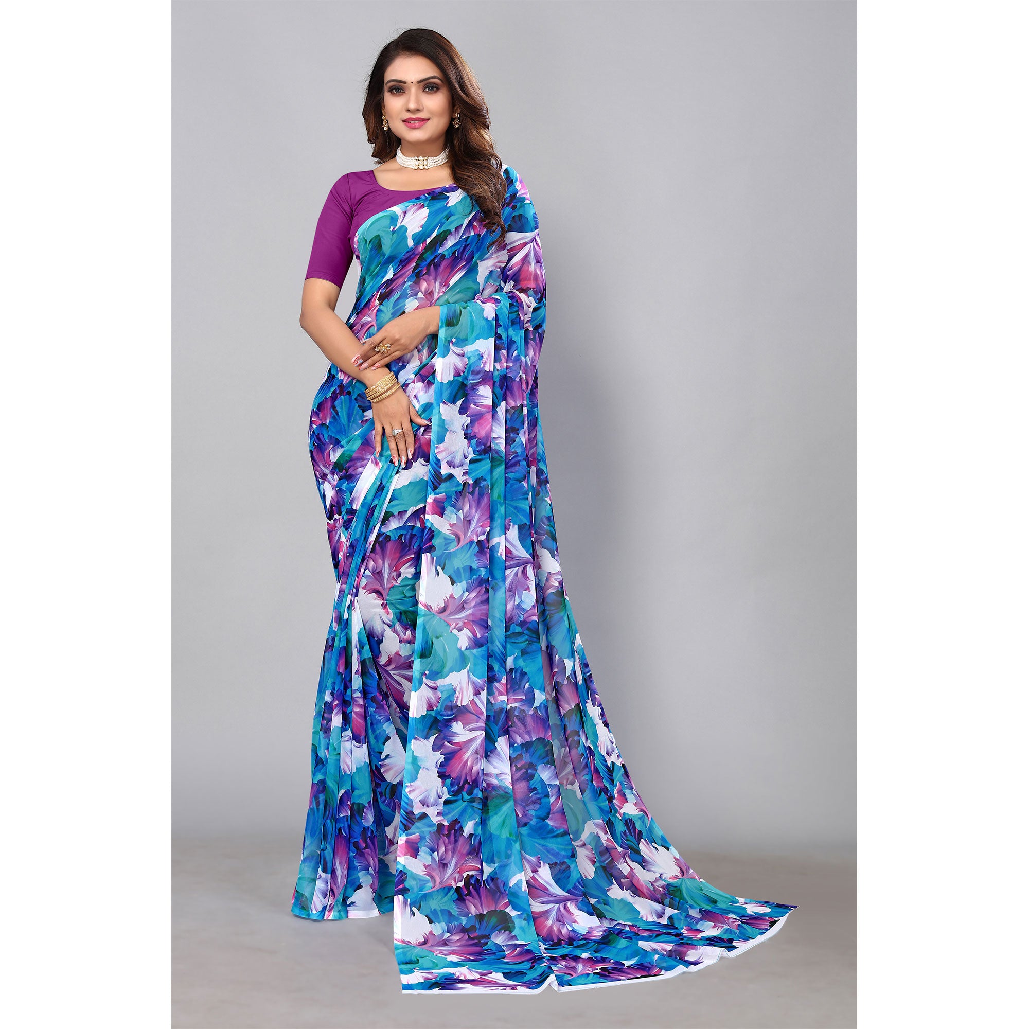 Blue Digital Printed Georgette Saree