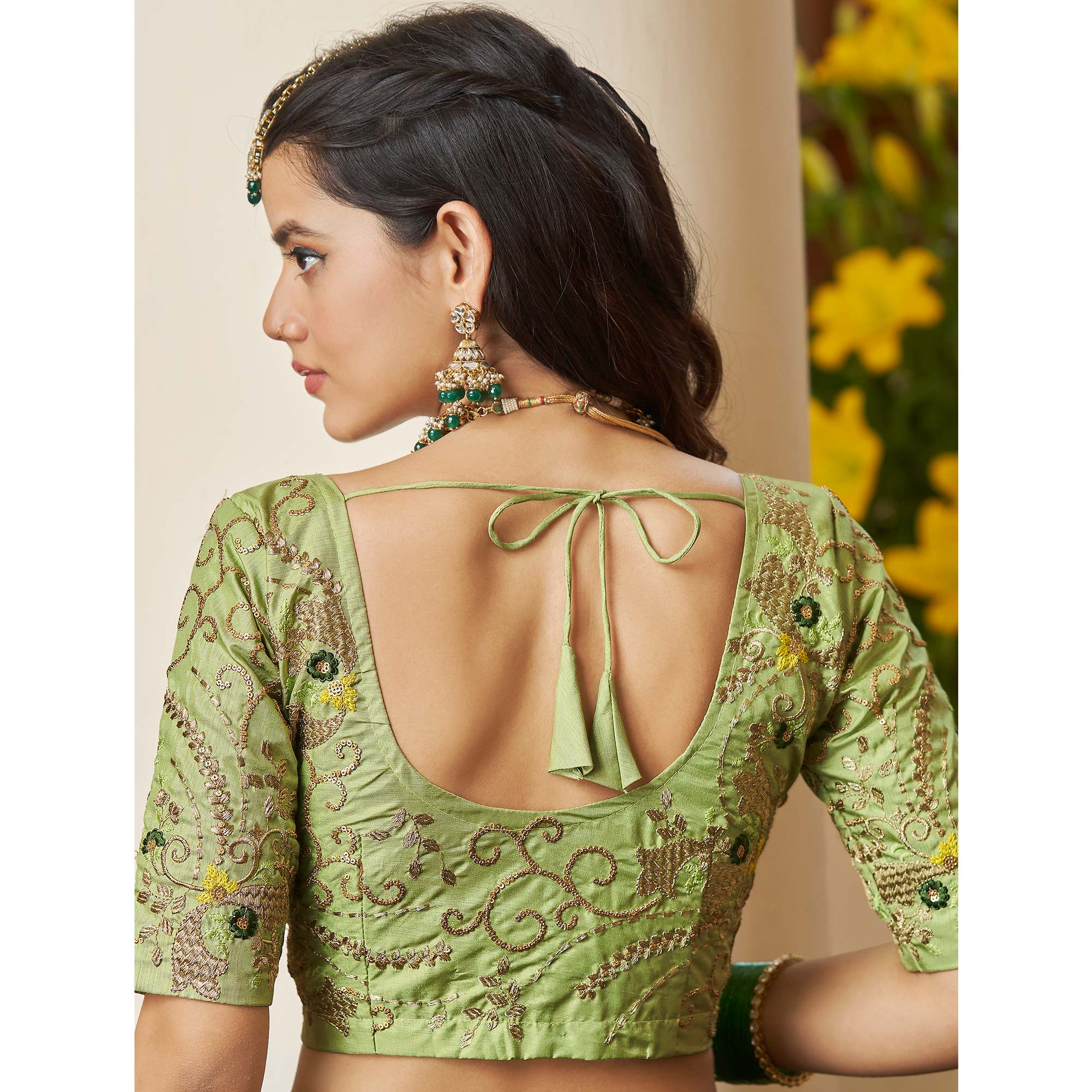 Mehendi Green Sequins Embroidered Netted Lehenga Choli