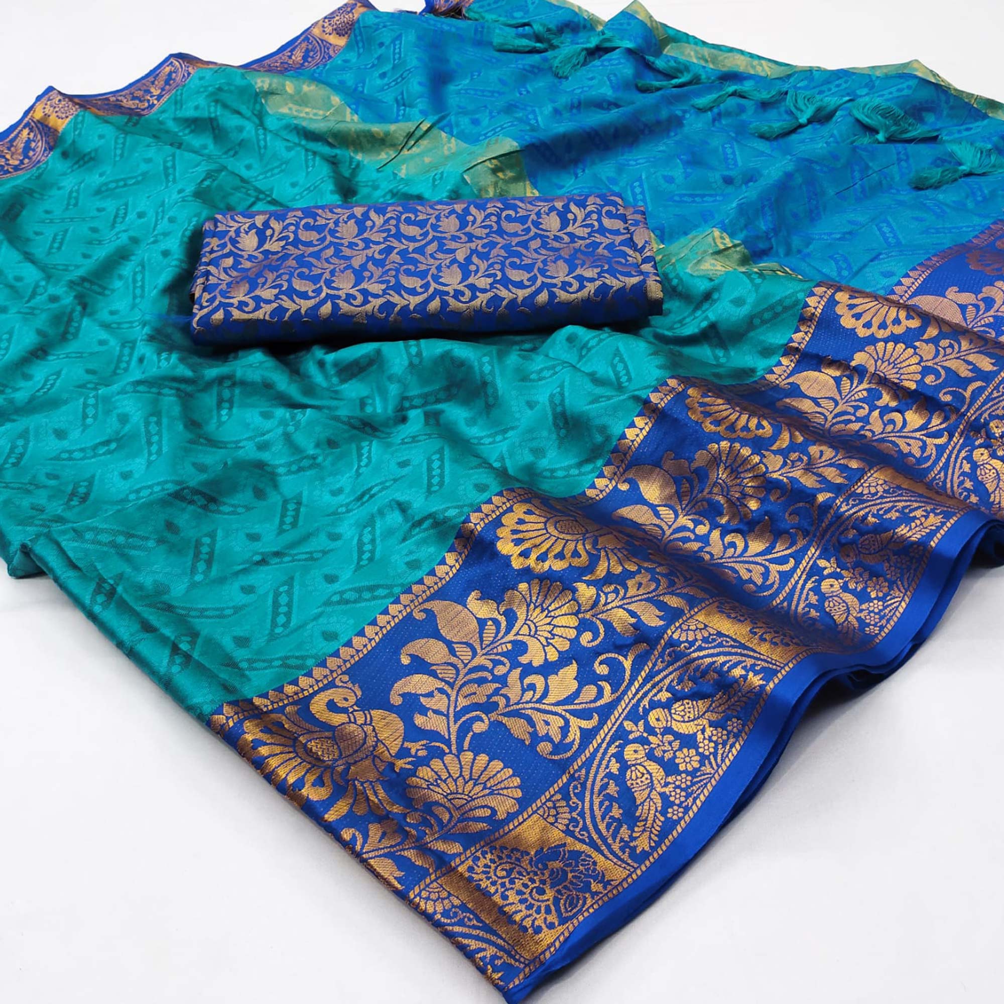 Firozi Woven Cotton Silk Saree With Tassels