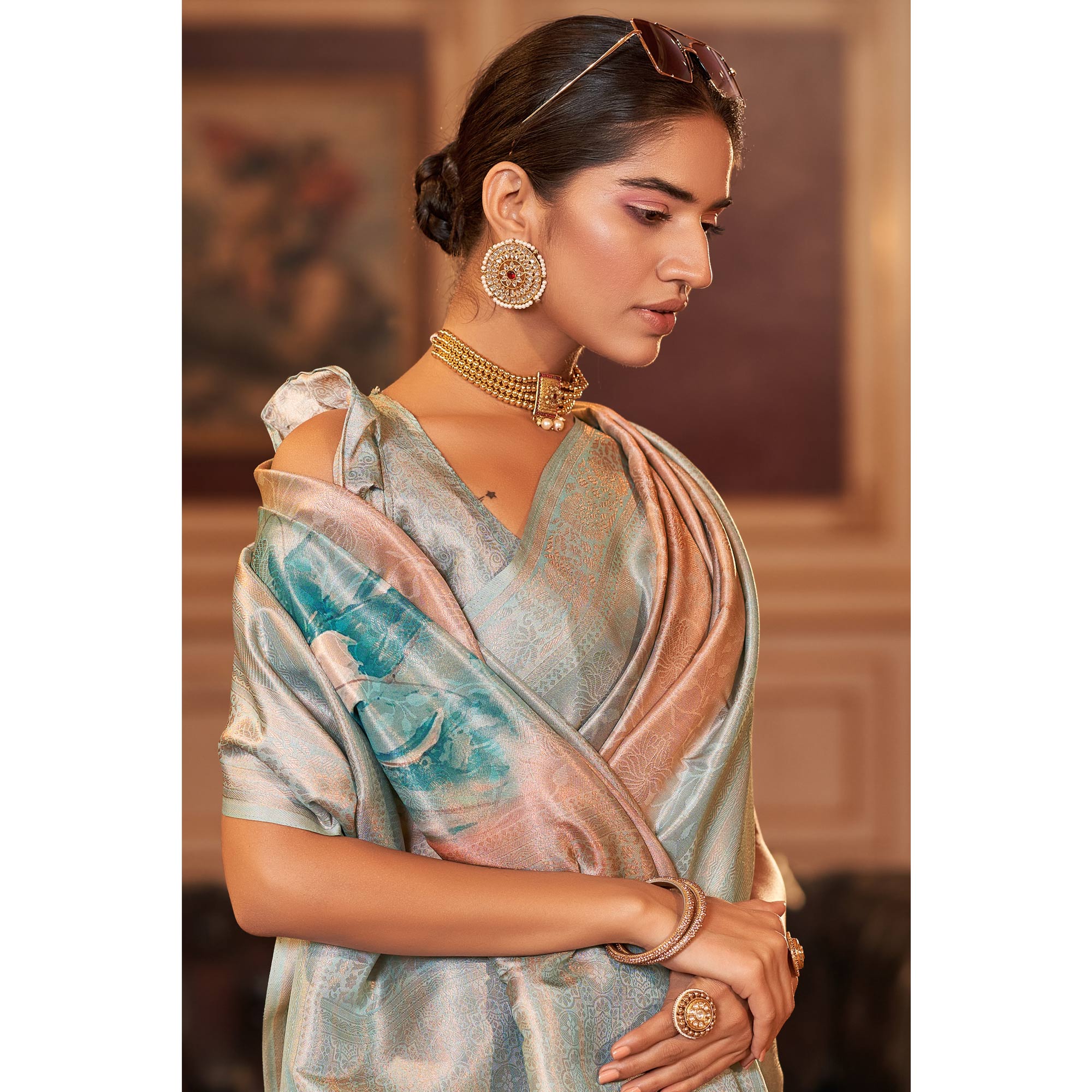 Peach & Sky Blue Woven Jacquard Saree With Tassels