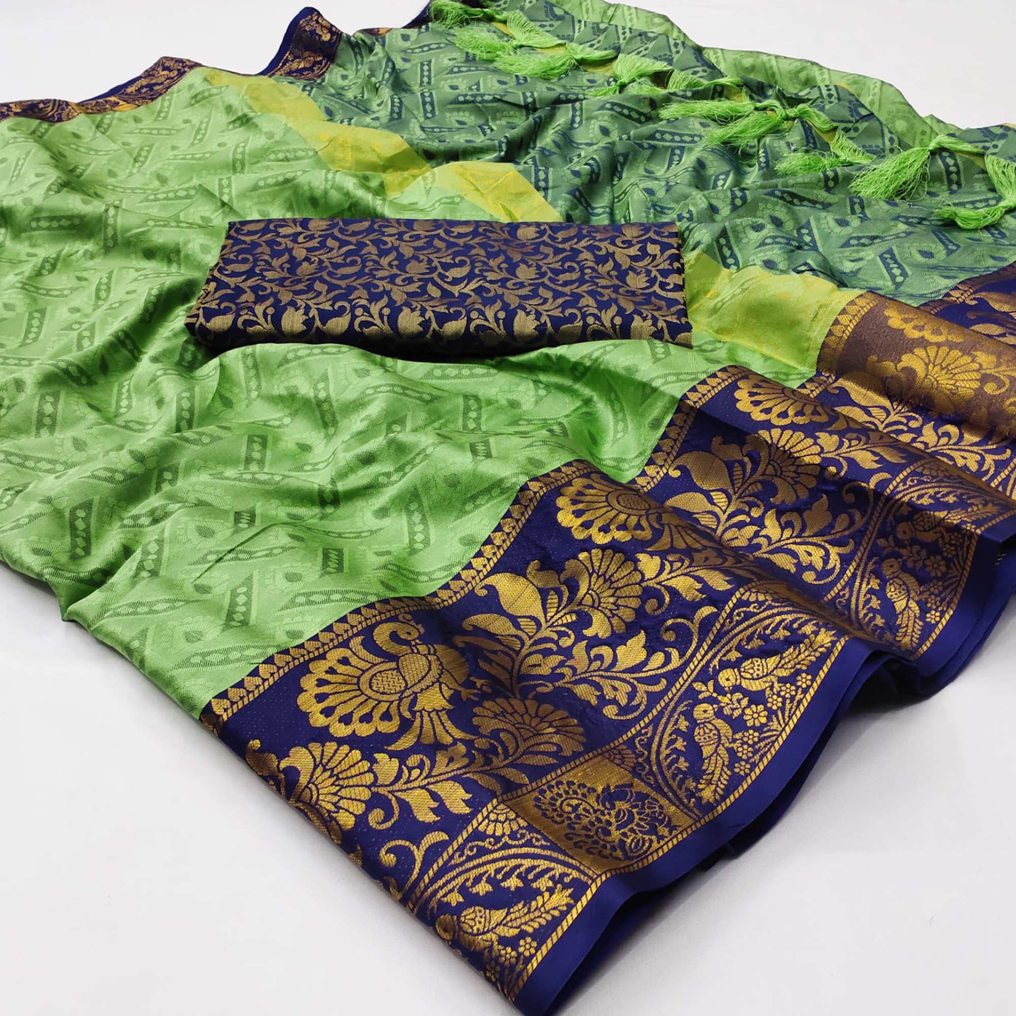 Pista Green Woven Cotton Silk Saree With Tassels