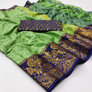 Pista Green Woven Cotton Silk Saree With Tassels