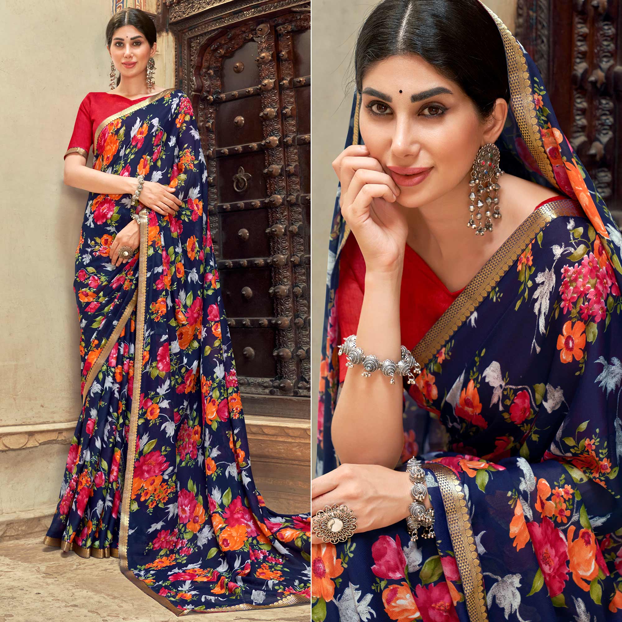 Navy Blue Floral Printed Chiffon Saree