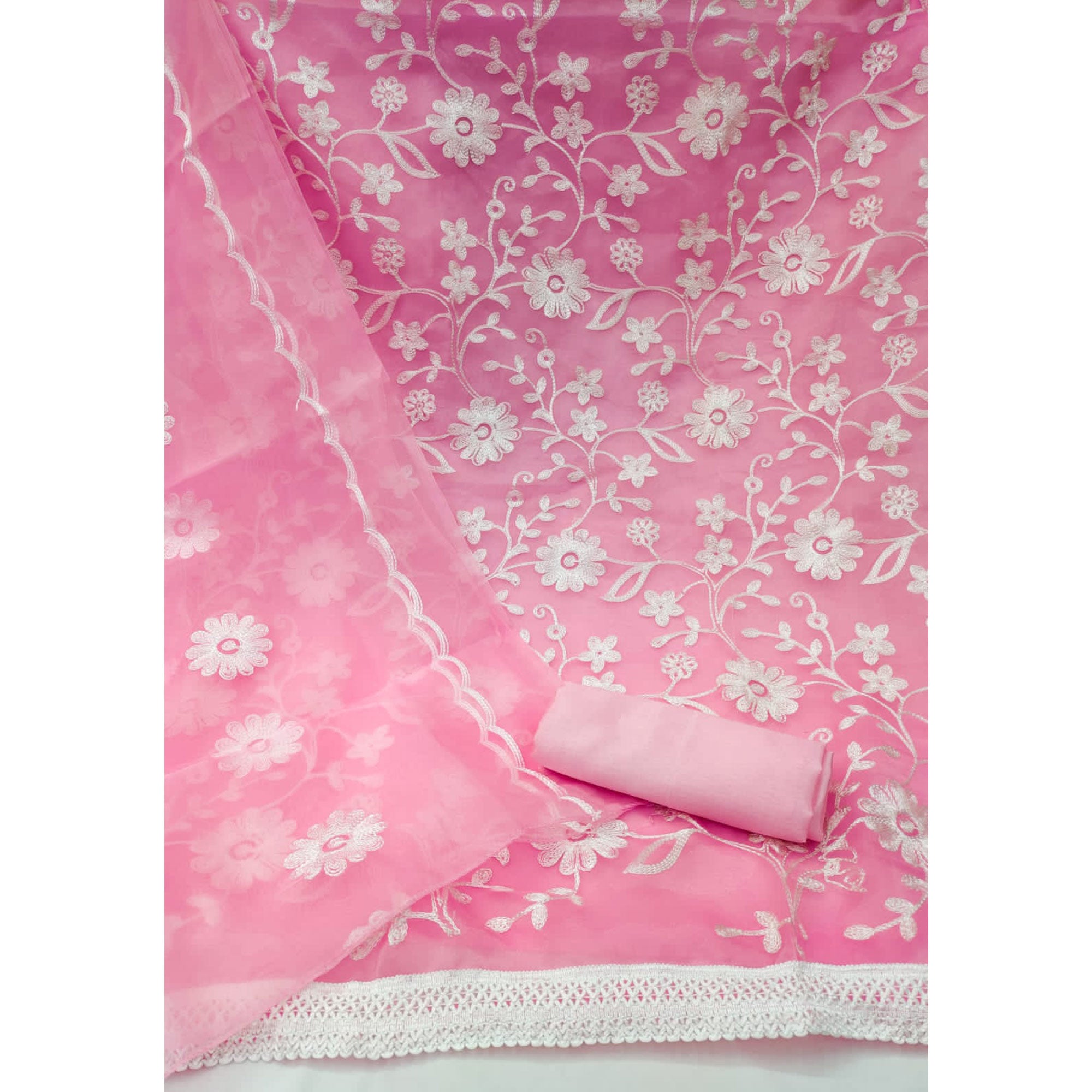 Pink Floral Embroidered Organza Dress Material