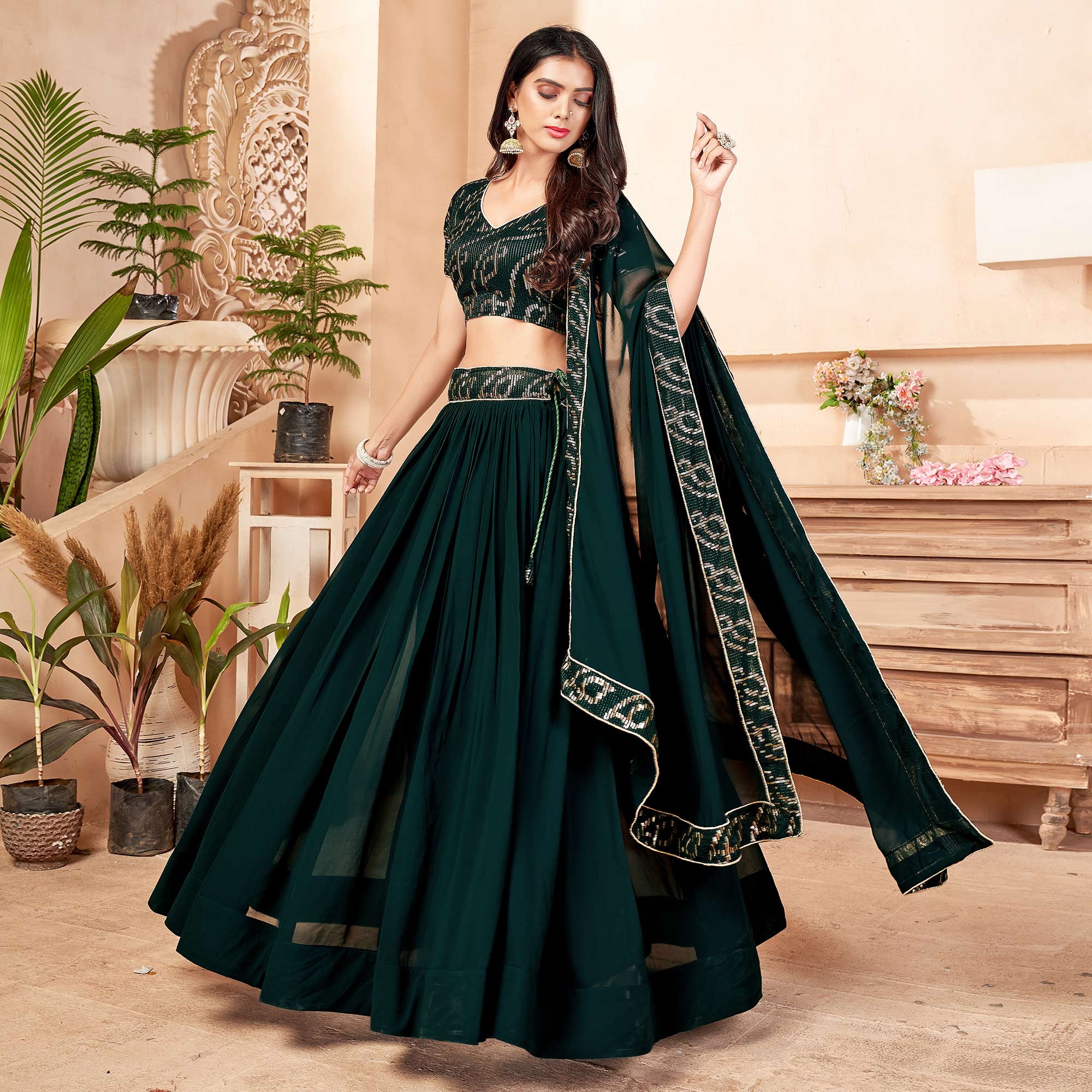 Dark Green Sequins Embroidered Georgette Lehenga Choli