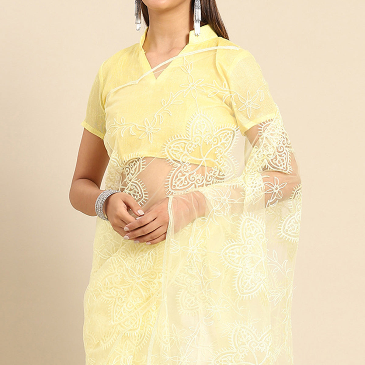 Yellow Floral Embroidered Net Saree