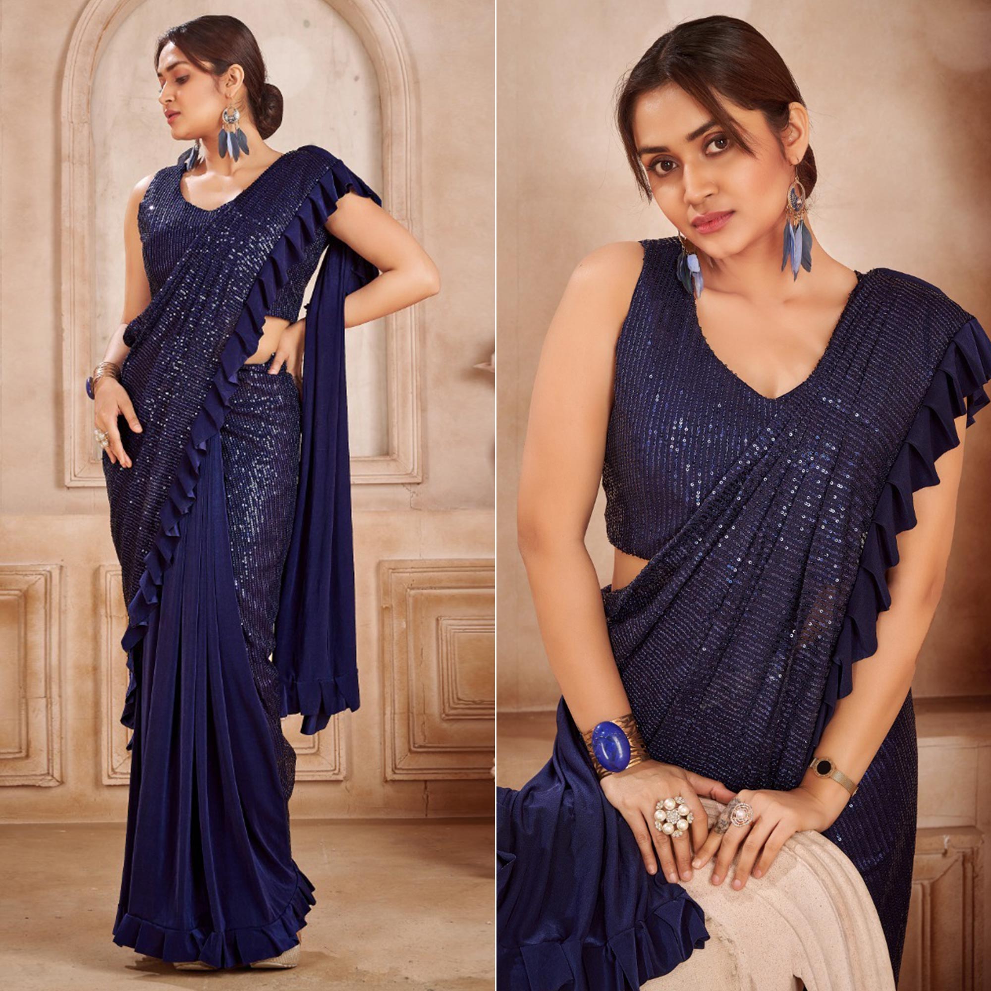 Navy Blue Sequins Embroidered Ready to Wear Lycra And Netted Saree