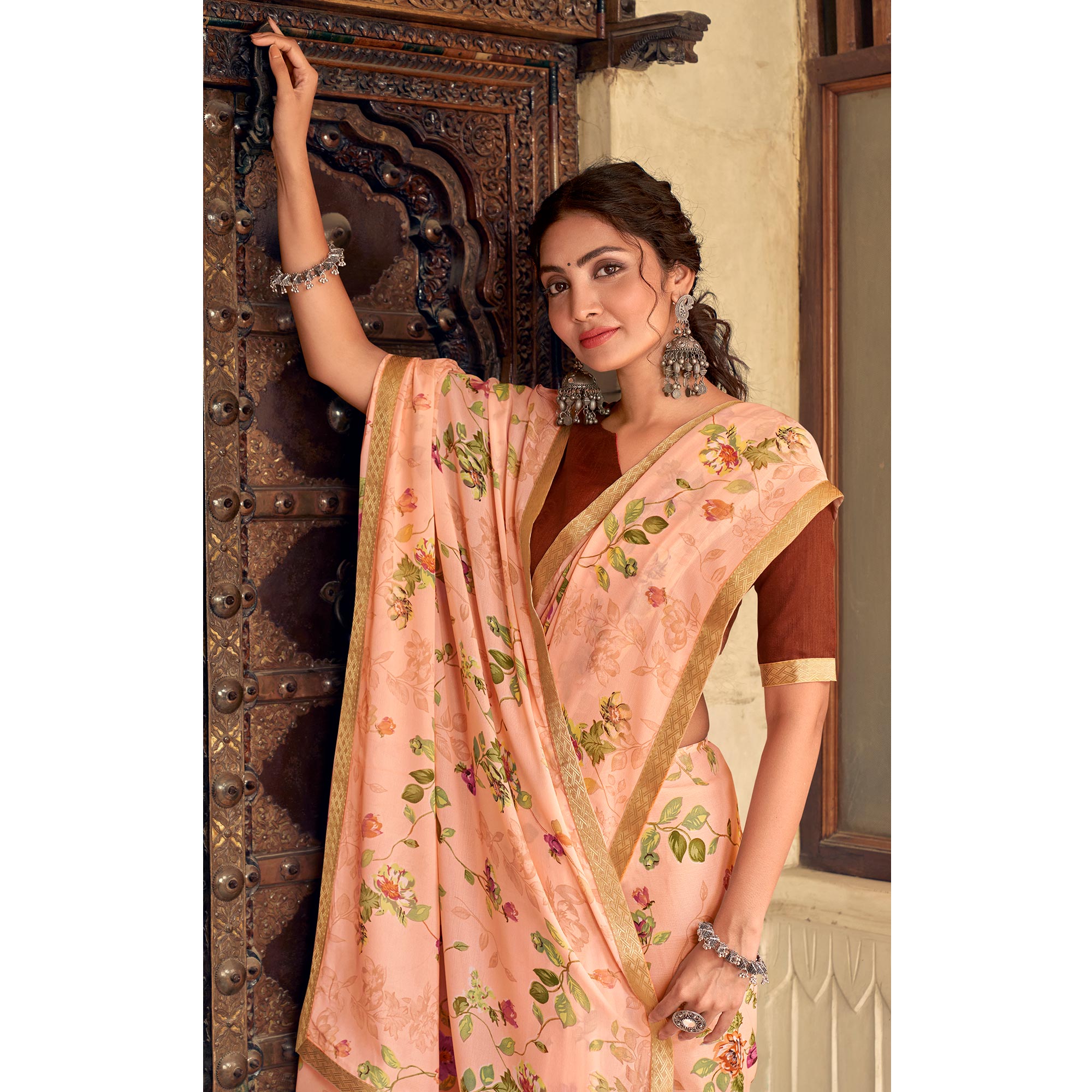 Peach Floral Printed Chiffon Saree