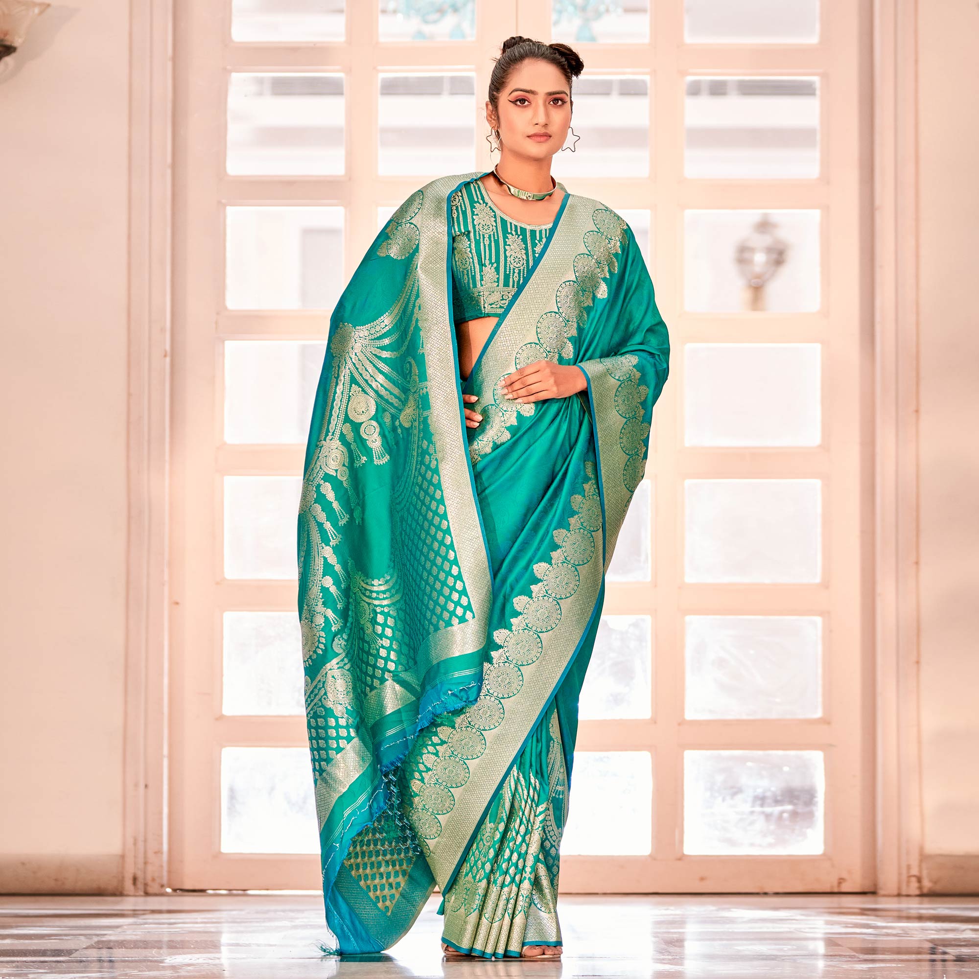 Turquoise Woven Satin Saree