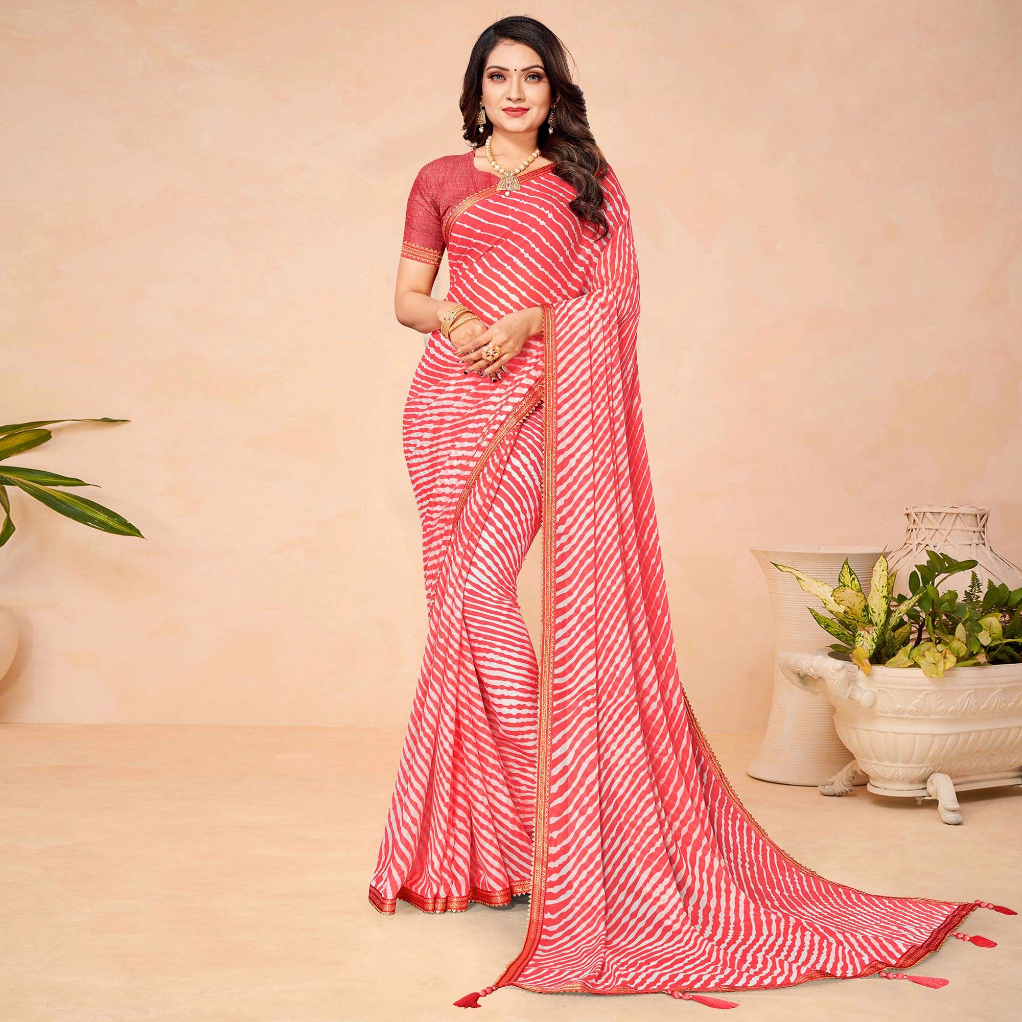 Salmon Pink Printed Chiffon Saree