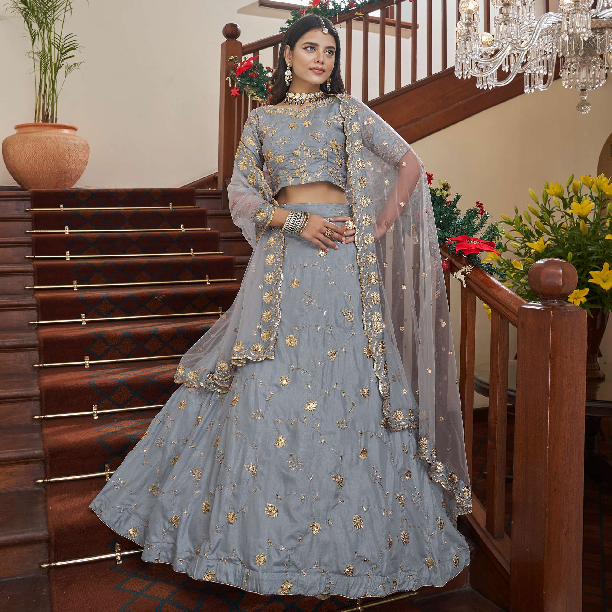 Grey Sequins Embroidered Art Silk Lehenga Choli