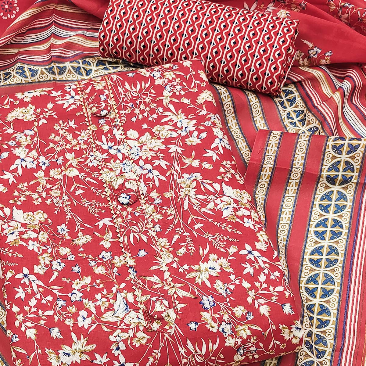 Red Floral Printed Cotton Blend Dress Material
