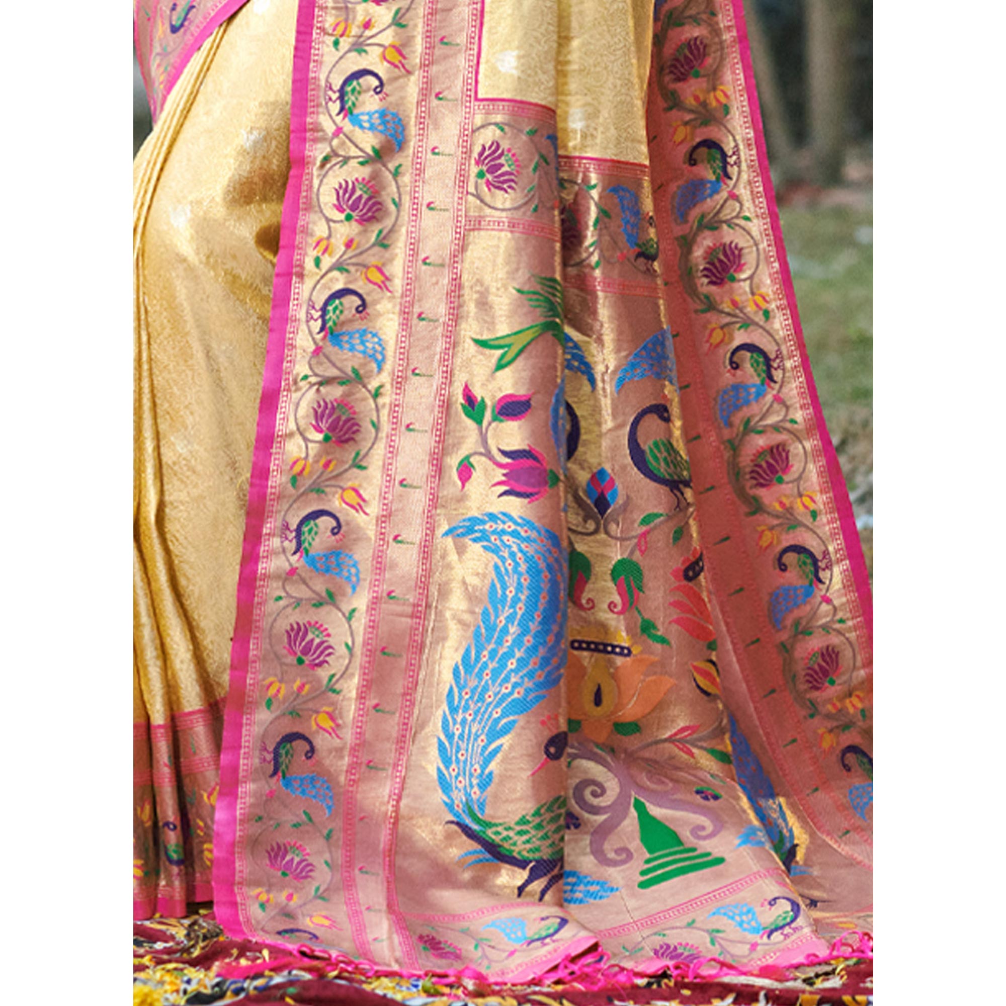 Cream Woven Art Silk Paithani Saree With Tassels