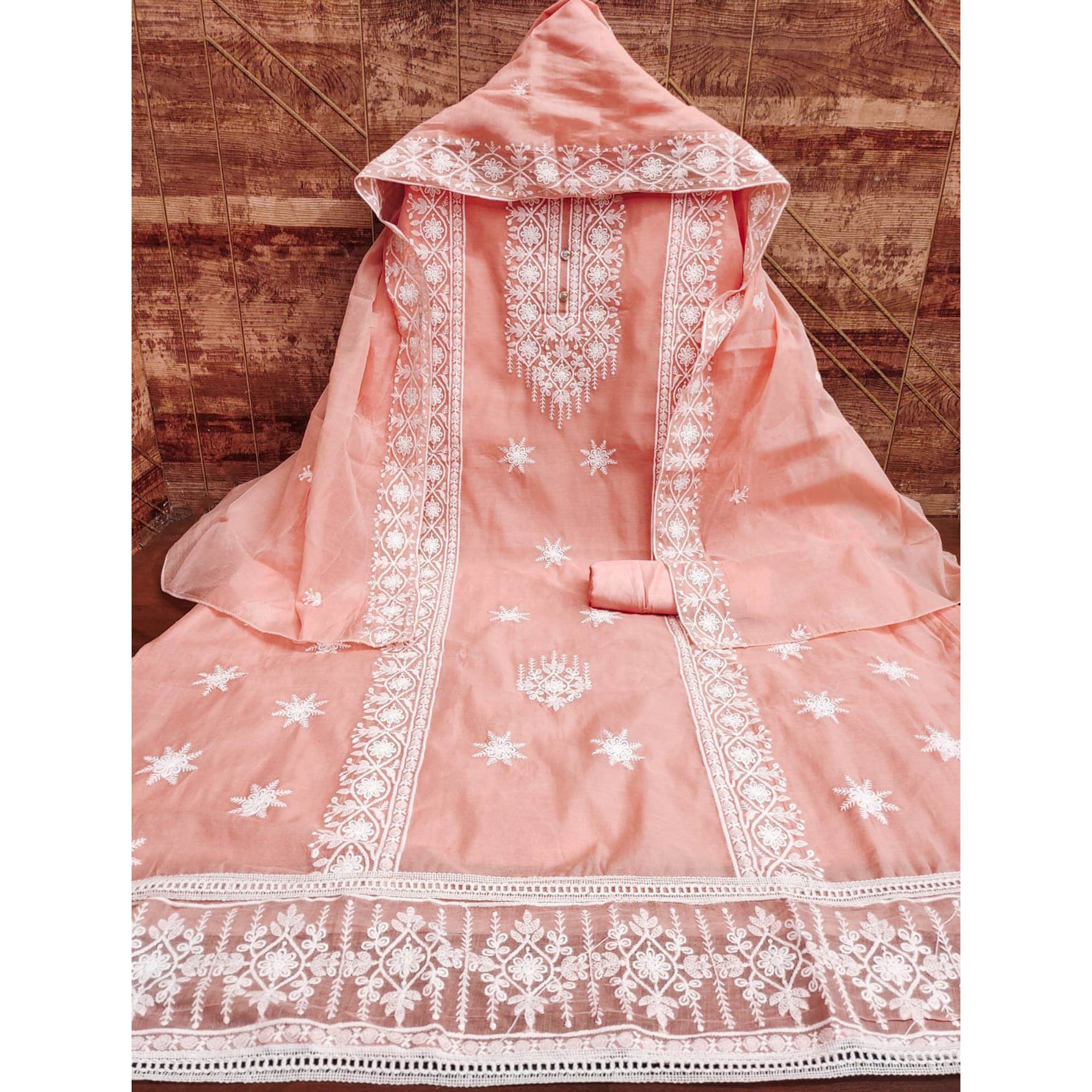 Peach Floral Embroidered Chanderi Dress Material