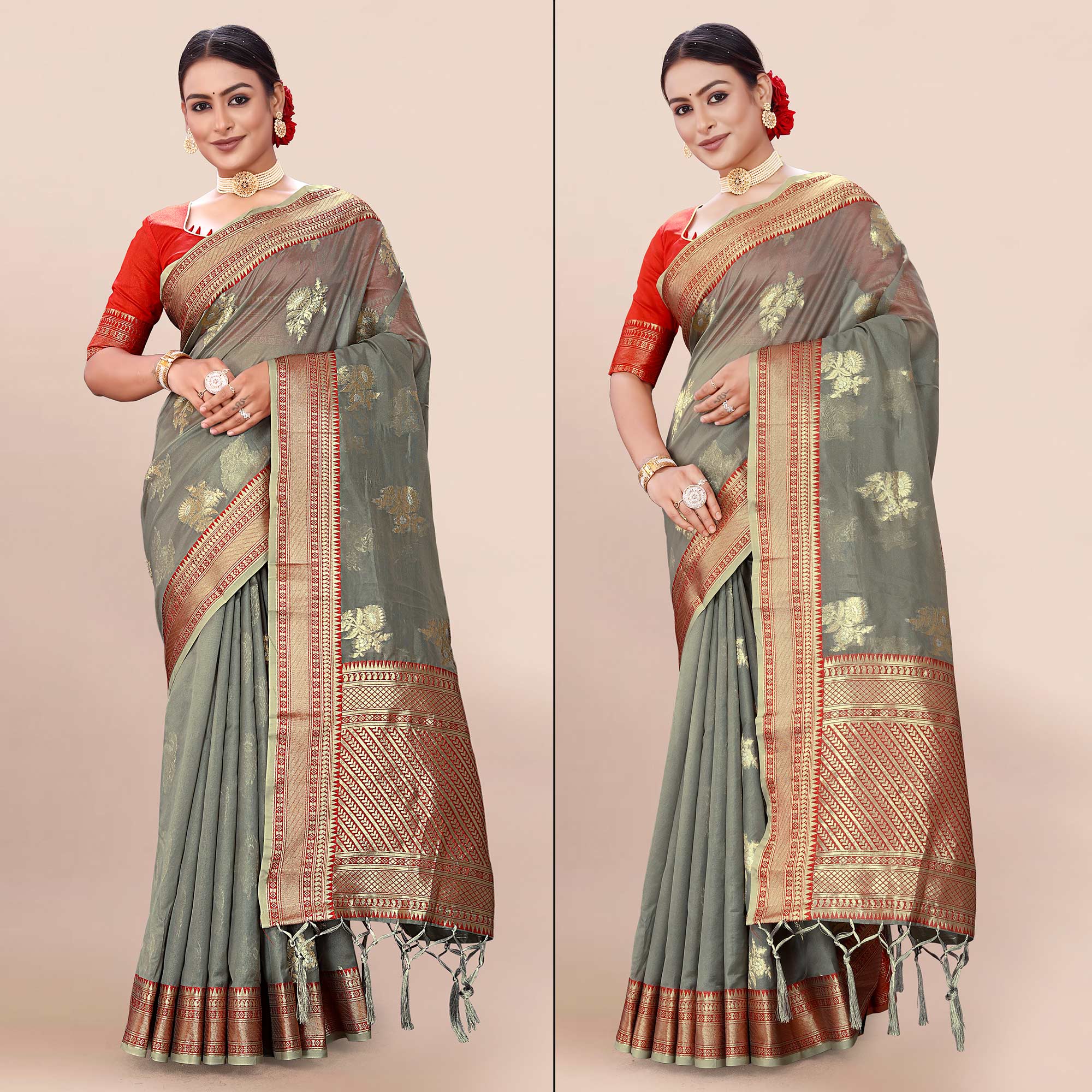 Grey Woven Organza Saree With Tassels