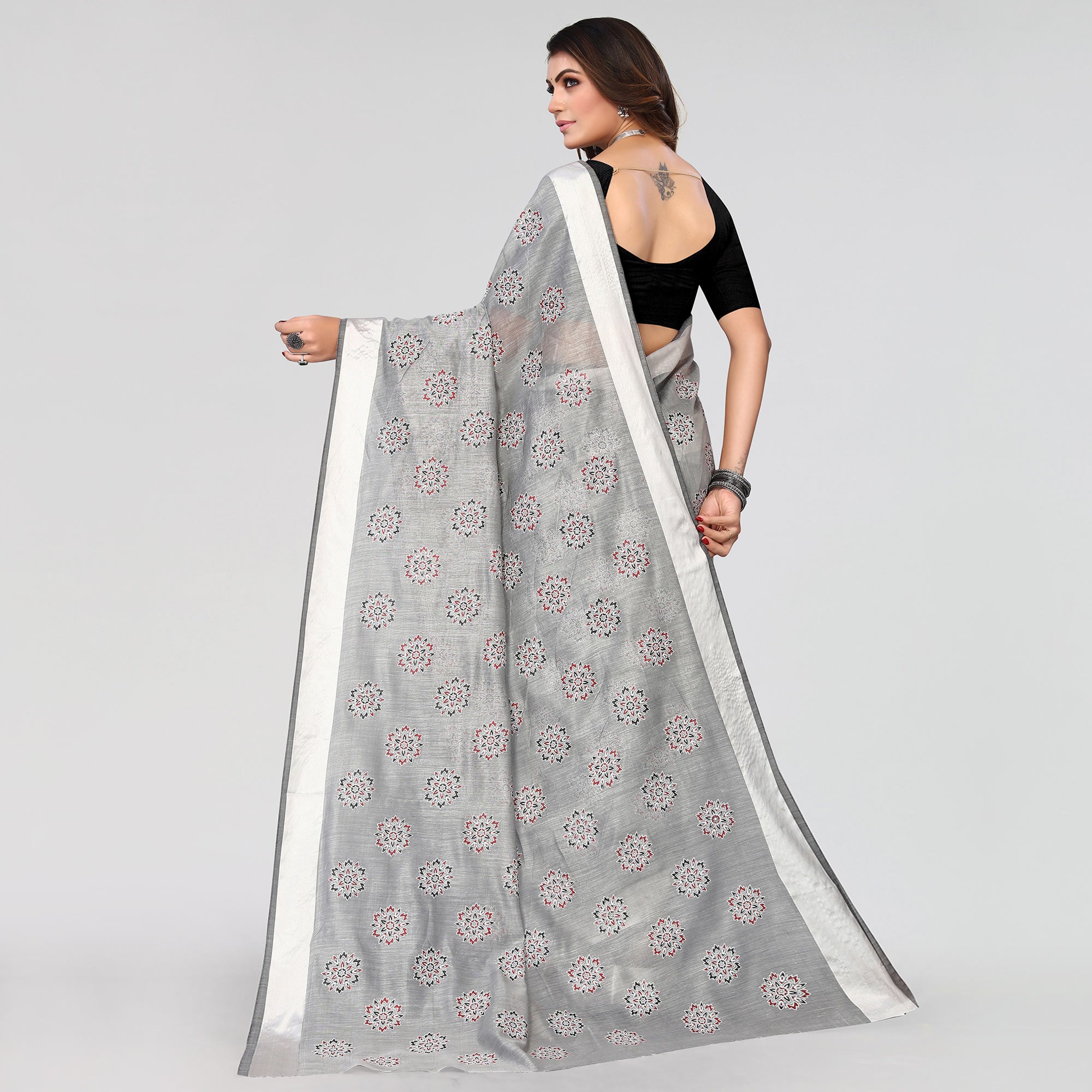 Grey Floral Printed Cotton Blend Saree