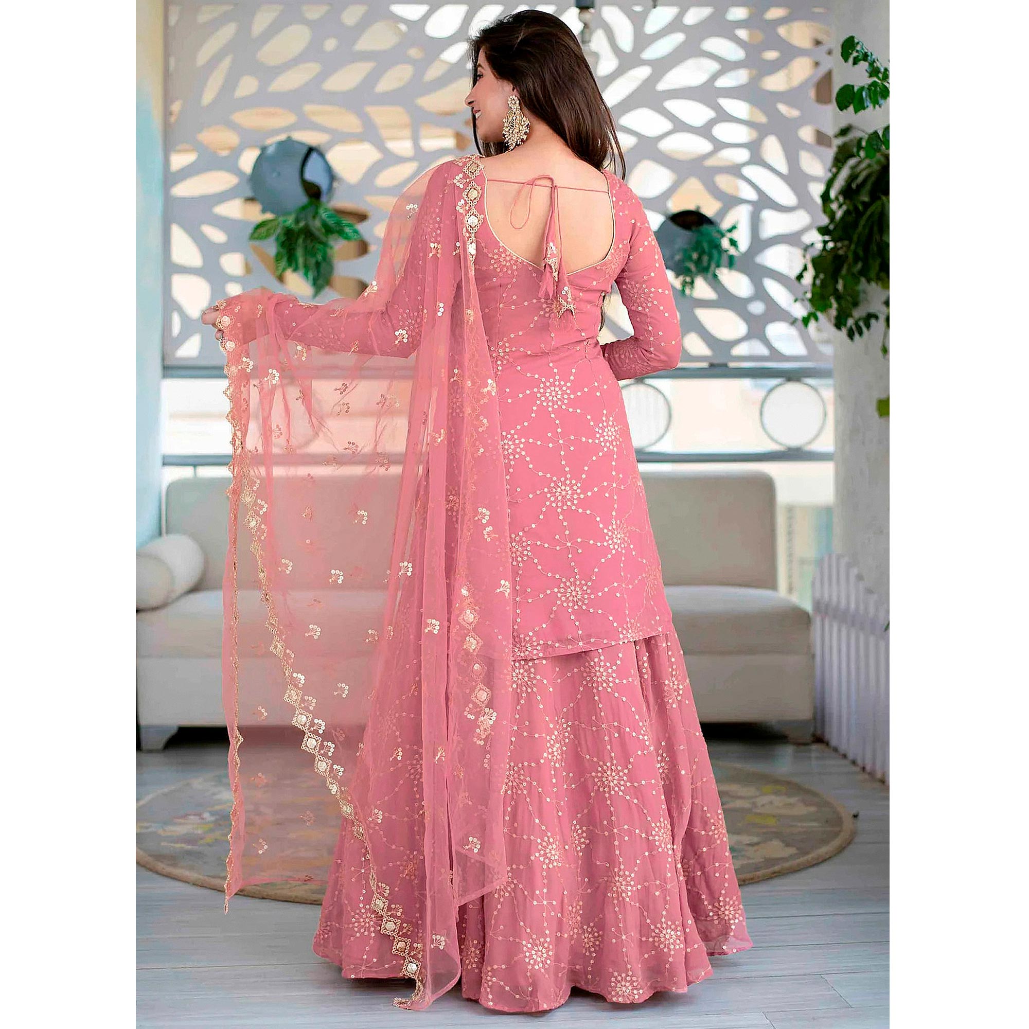 Pink Sequins Embroidered Georgette Semi Stitched Gharara Style Suit