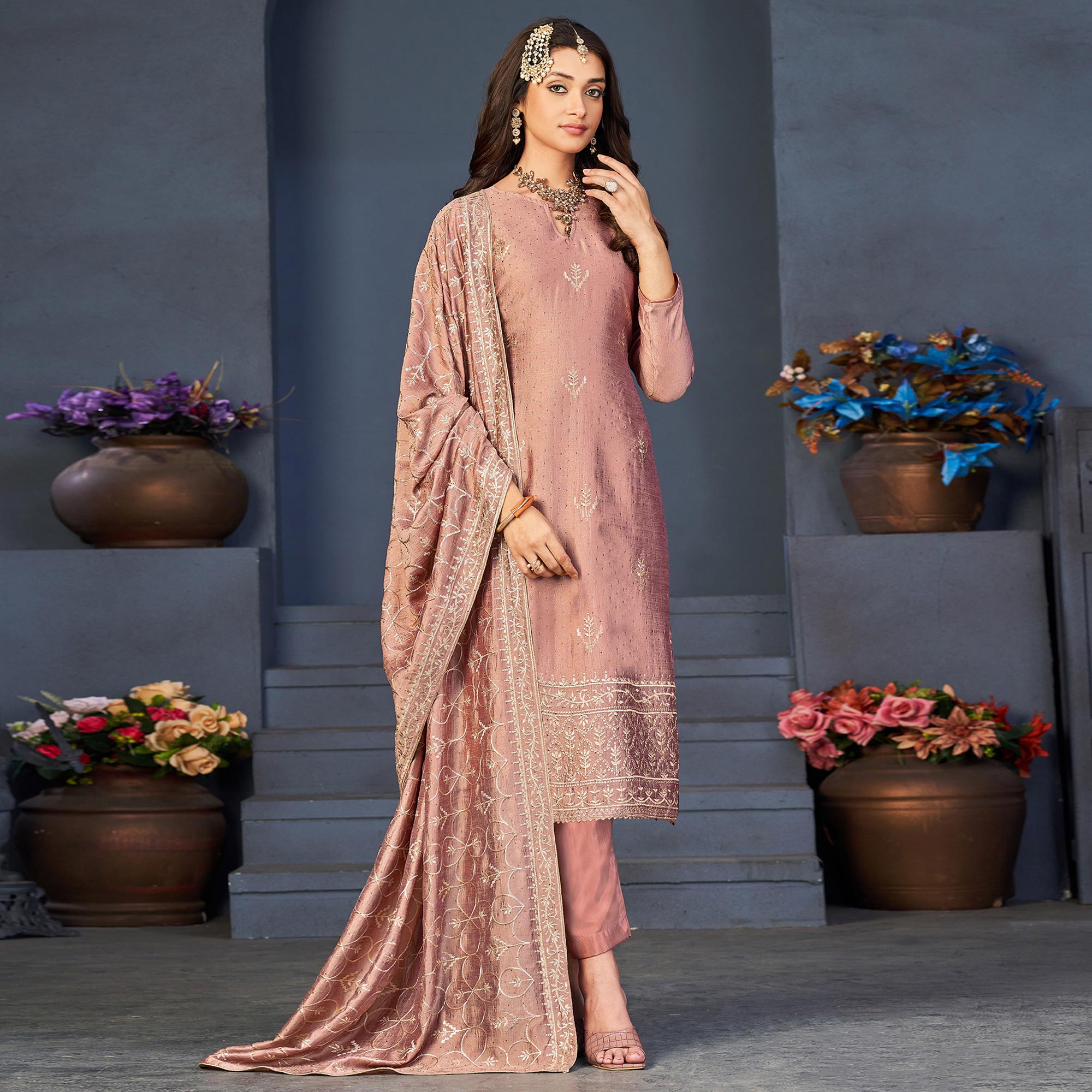 Peach Sequins Embroidered Dola Silk Suit