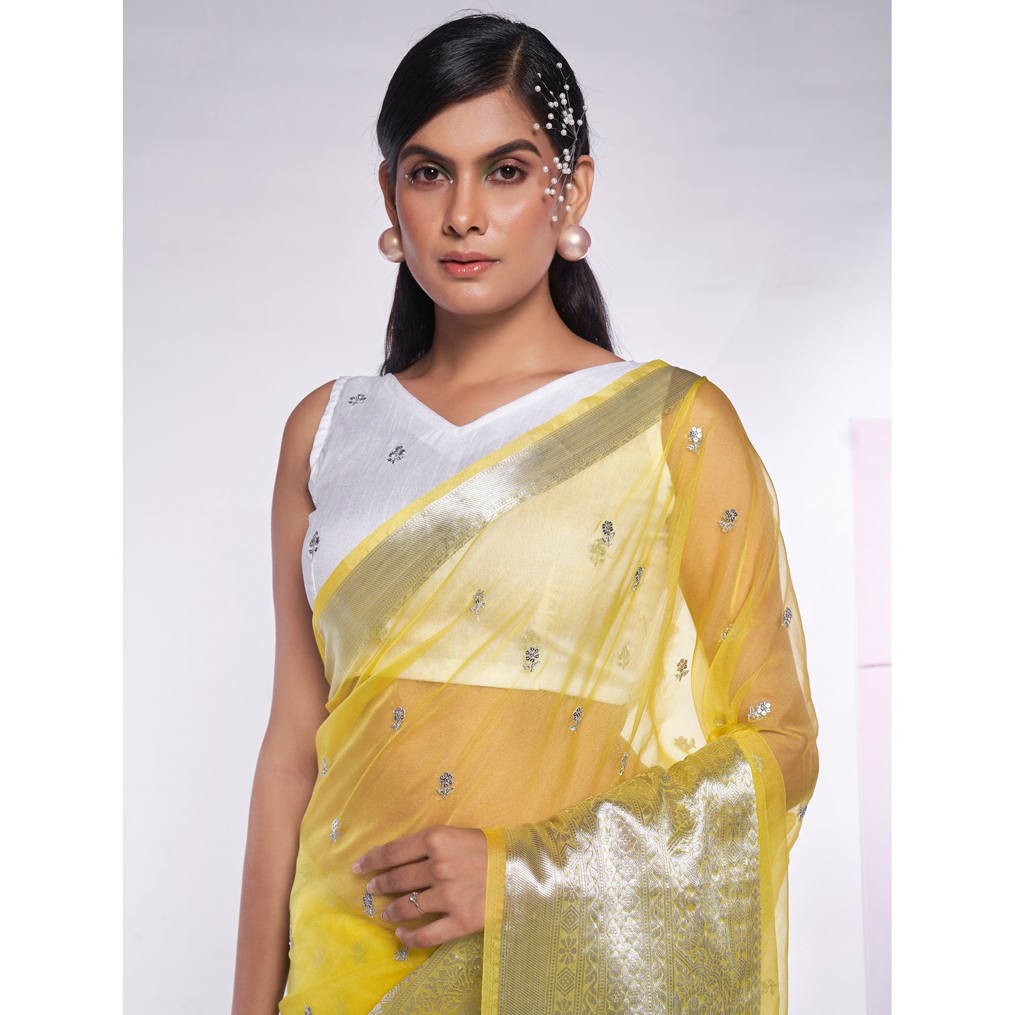 Lemon Yellow Sequins Floral Embroidered Organza Saree