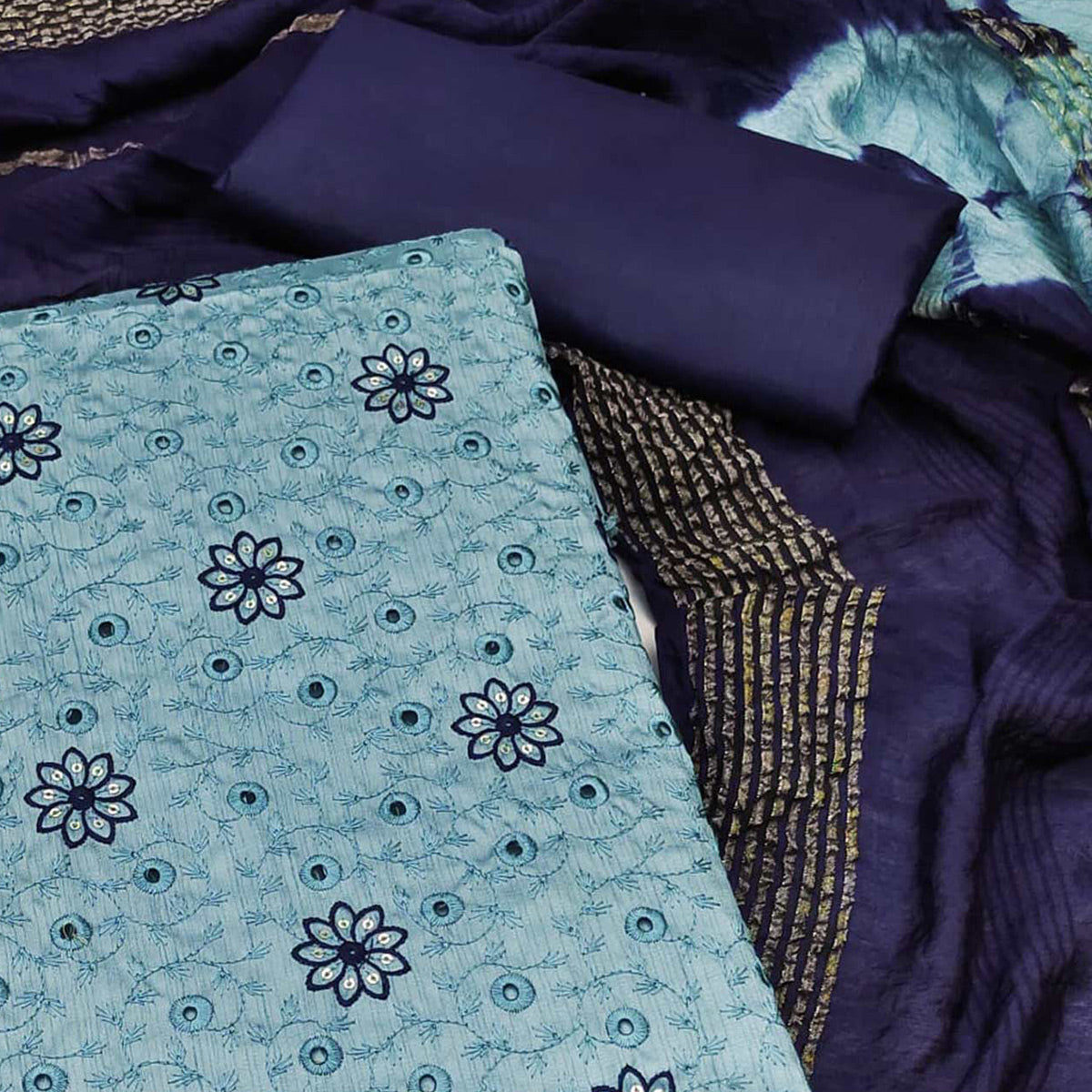 Blue Embroidered Raw Silk Dress Material