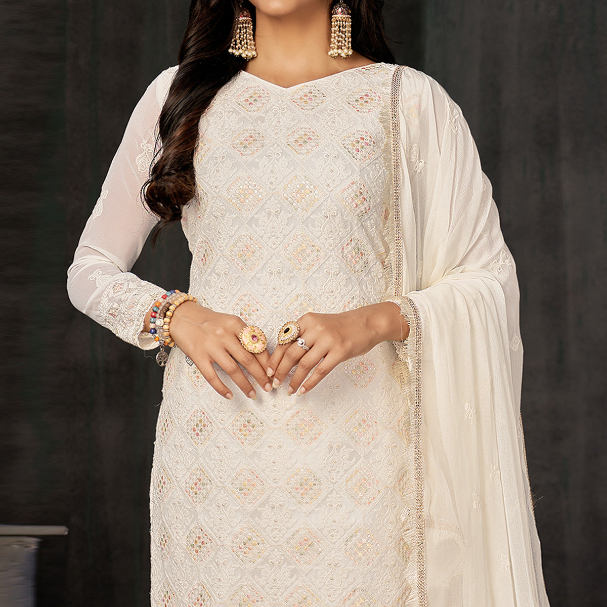 White Lucknowi Embroidered Georgette Suit