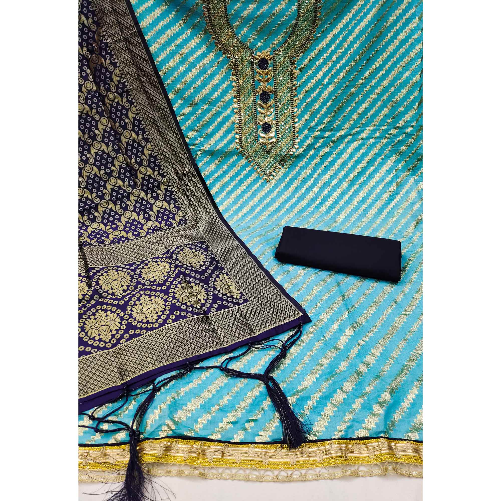 Sky Blue Woven With Embroidered Chanderi Dress Material