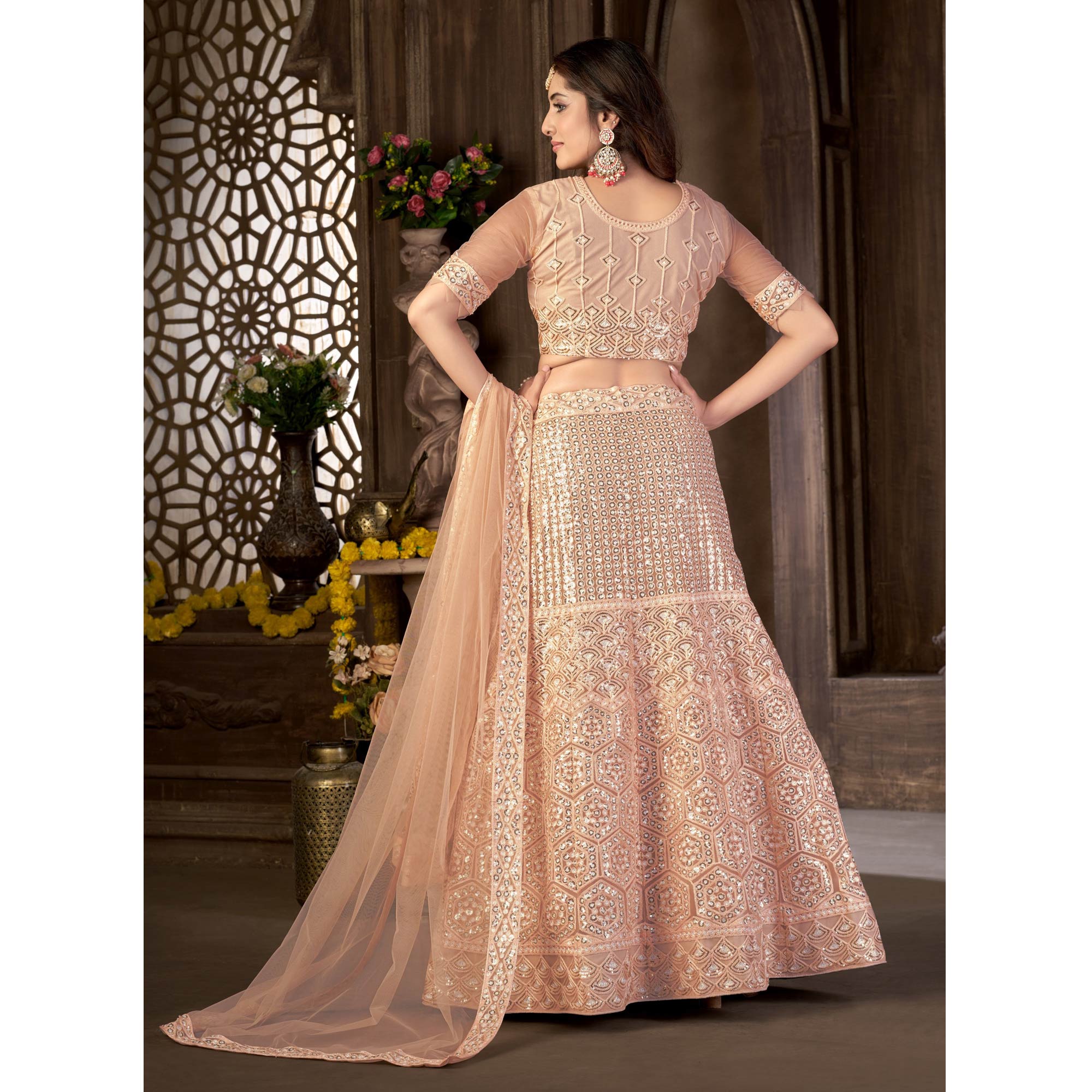 Brown Sequins Embroidered Netted Lehenga Choli