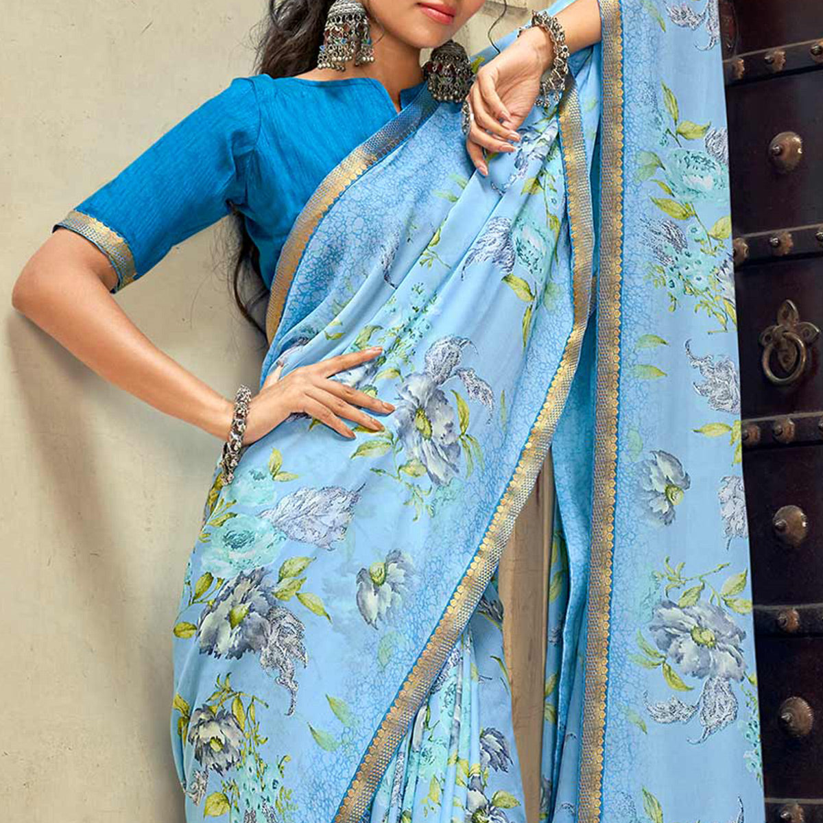 Sky Blue Floral Printed Chiffon Saree