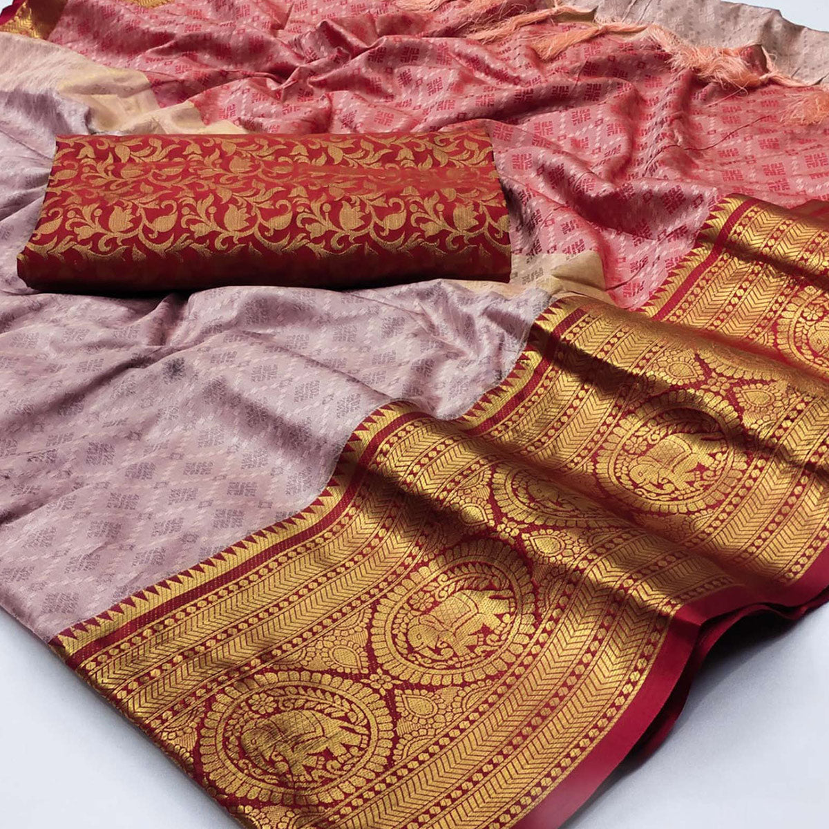 Grey Woven Cotton Silk Saree With Tassels