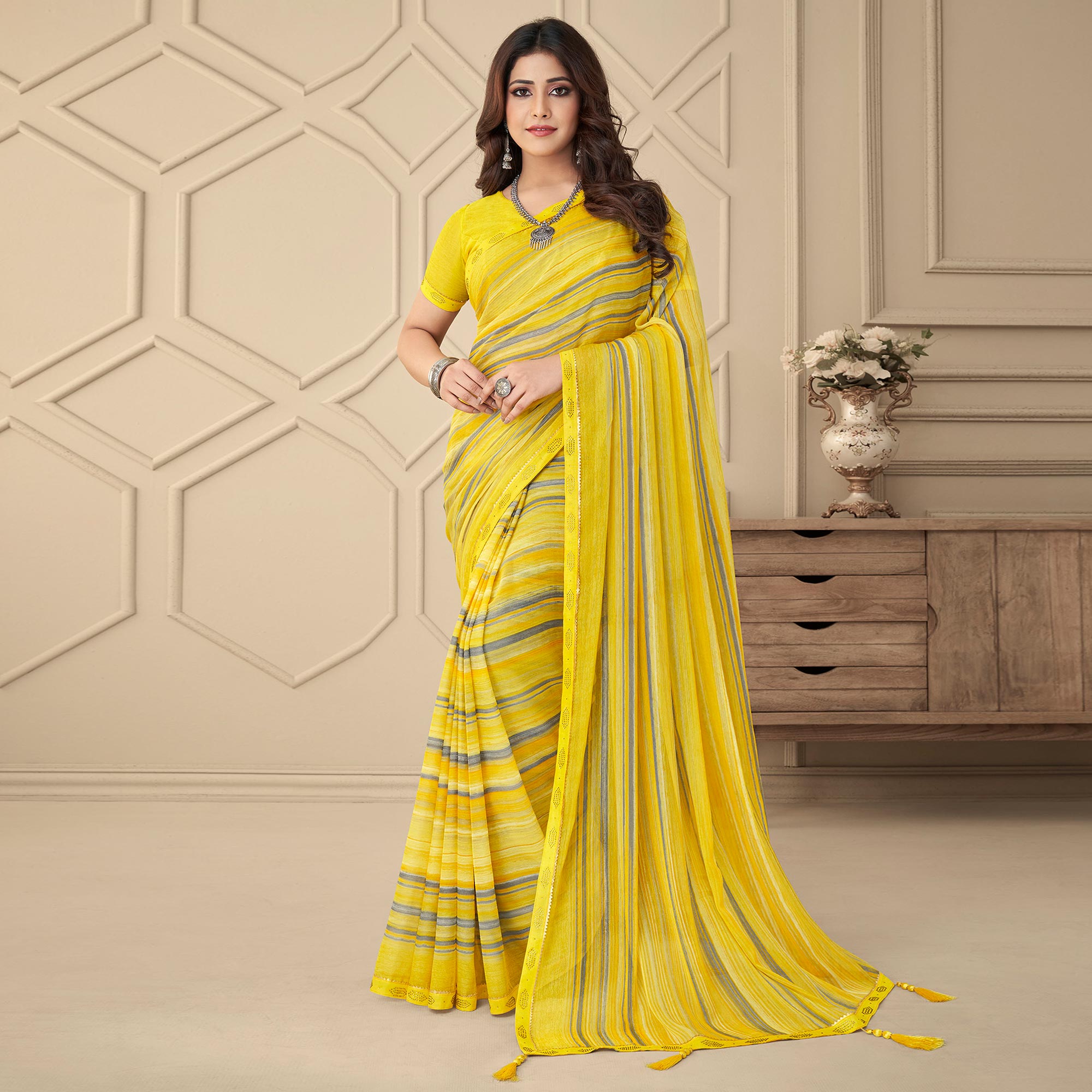 Yellow Printed Chiffon Saree With Tassels