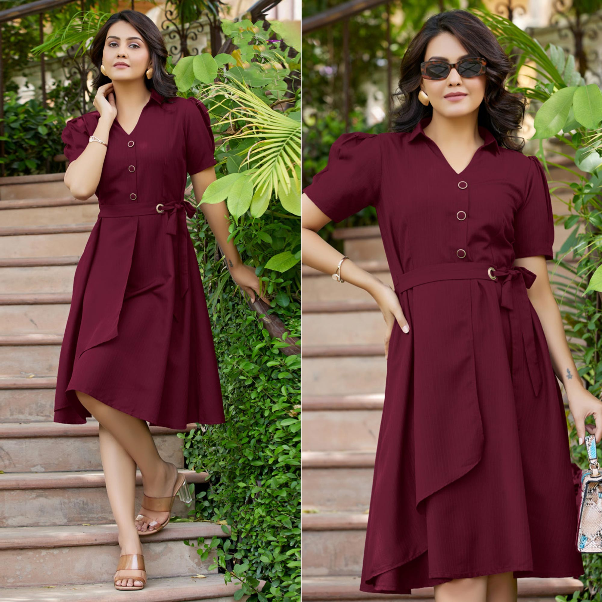 Wine Solid Cotton Dress