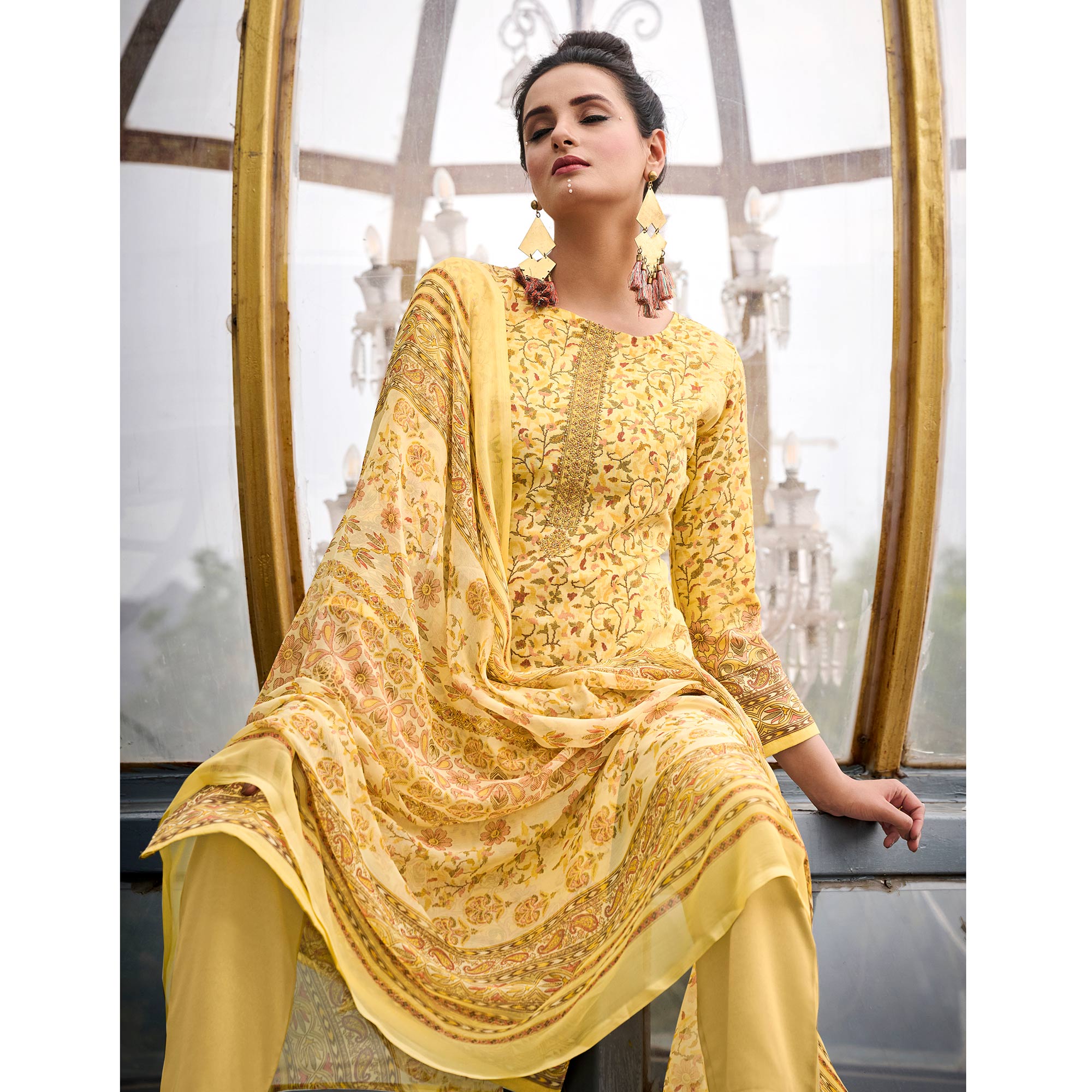 Yellow Printed With Embroidered Pure Cotton Salwar Suit