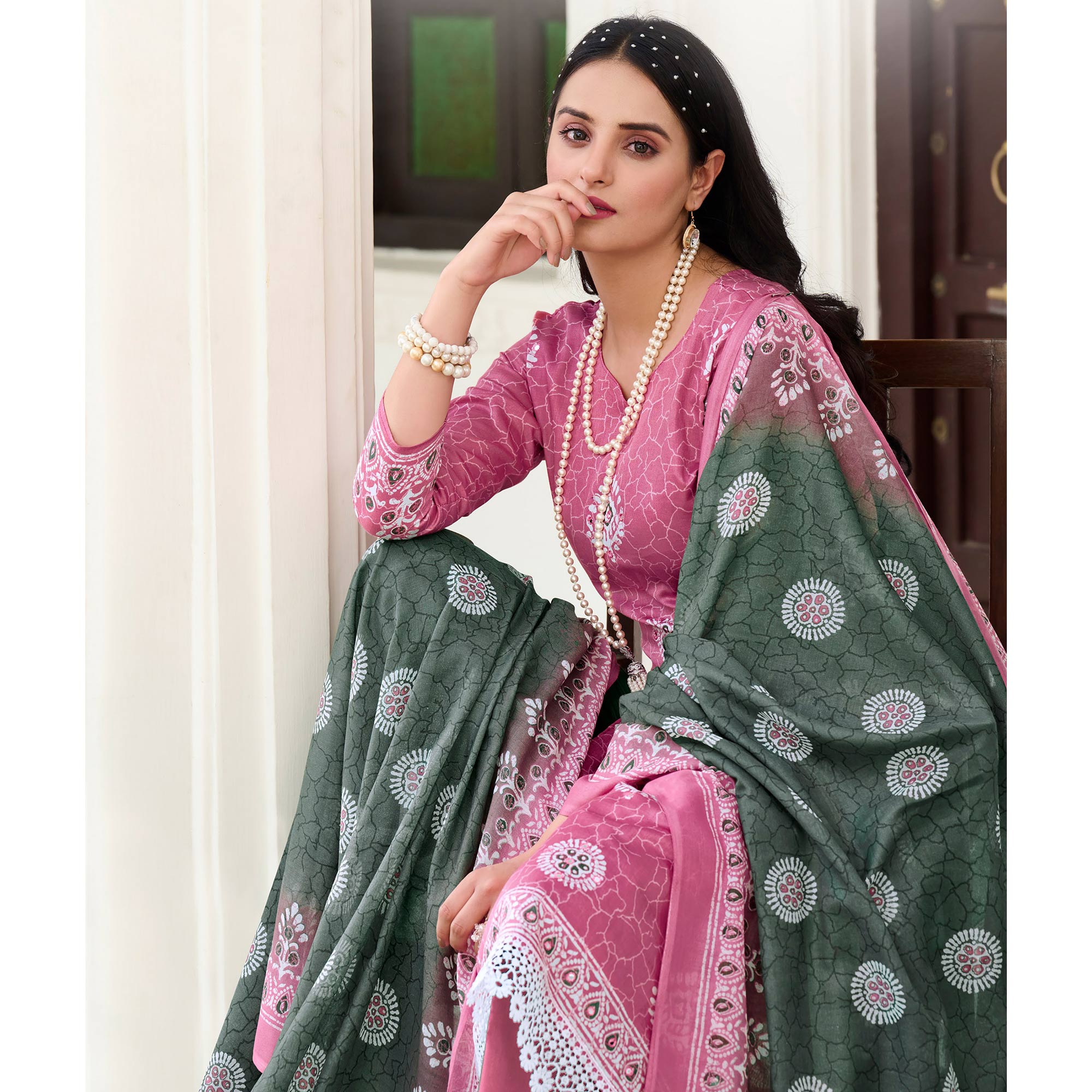 Pink Digital Printed With Mirror Work Pure Cotton Suit