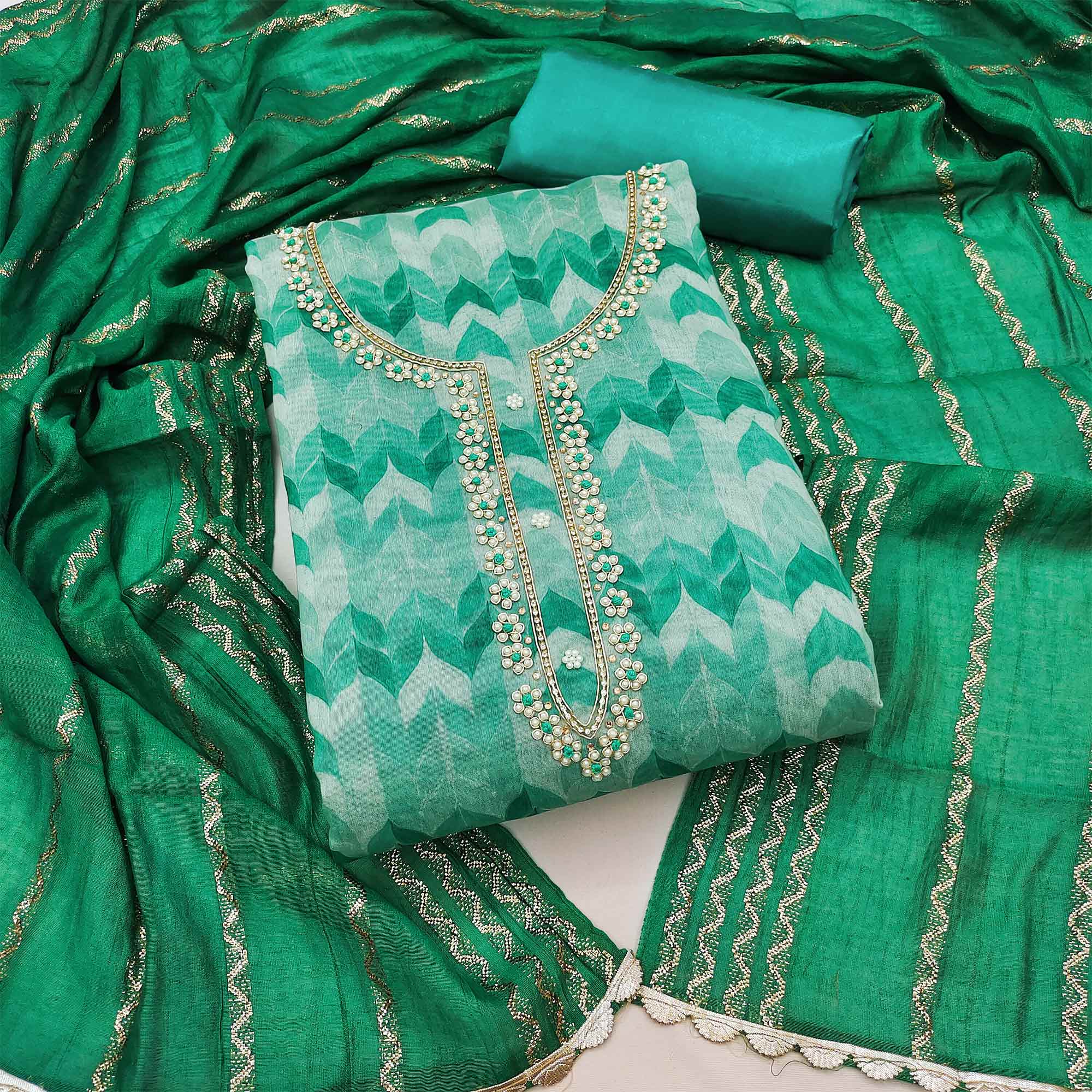 Green Printed With Handwork Modal Dress Material