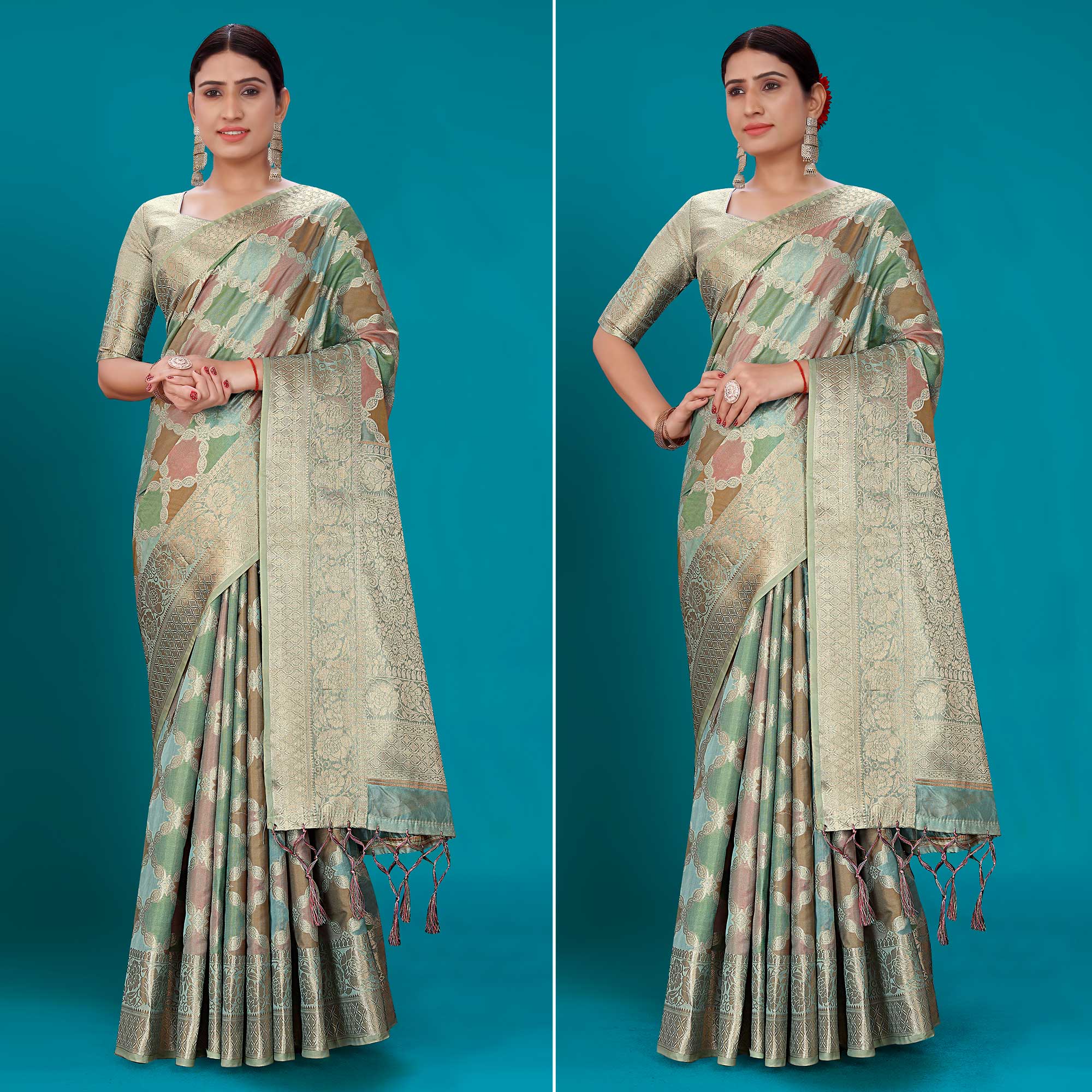 Blue Woven Organza Saree With Tassels