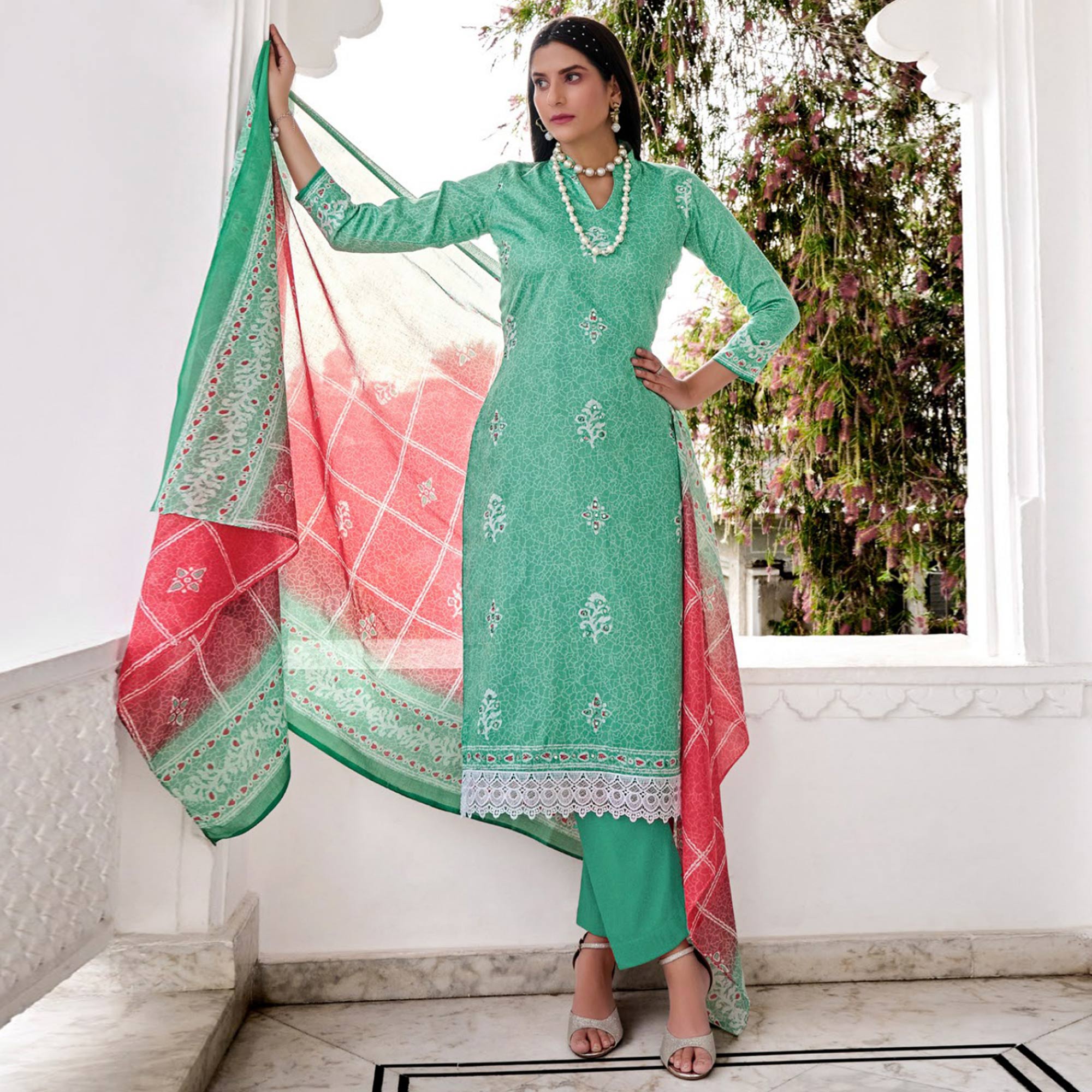 Sea Green Digital Printed With Mirror Work Pure Cotton Suit