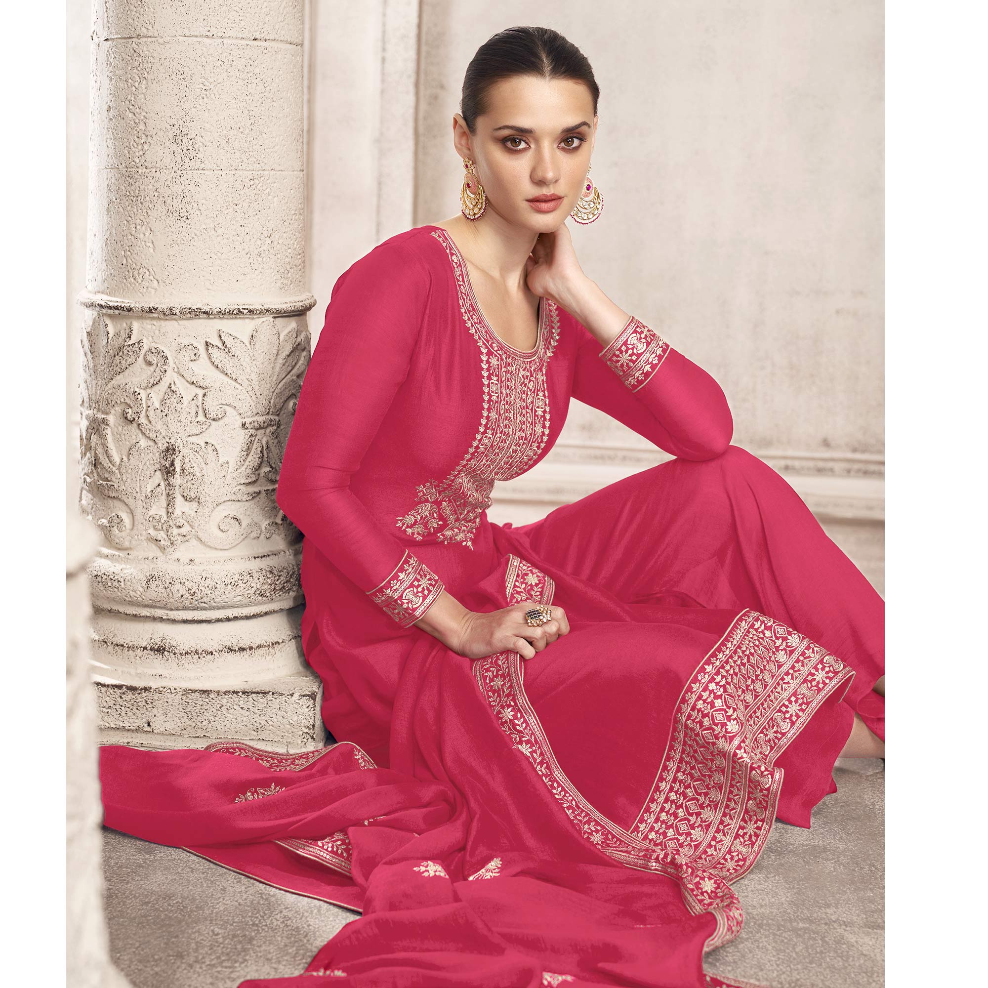 Red Embroidered Dola Silk Salwar Suit