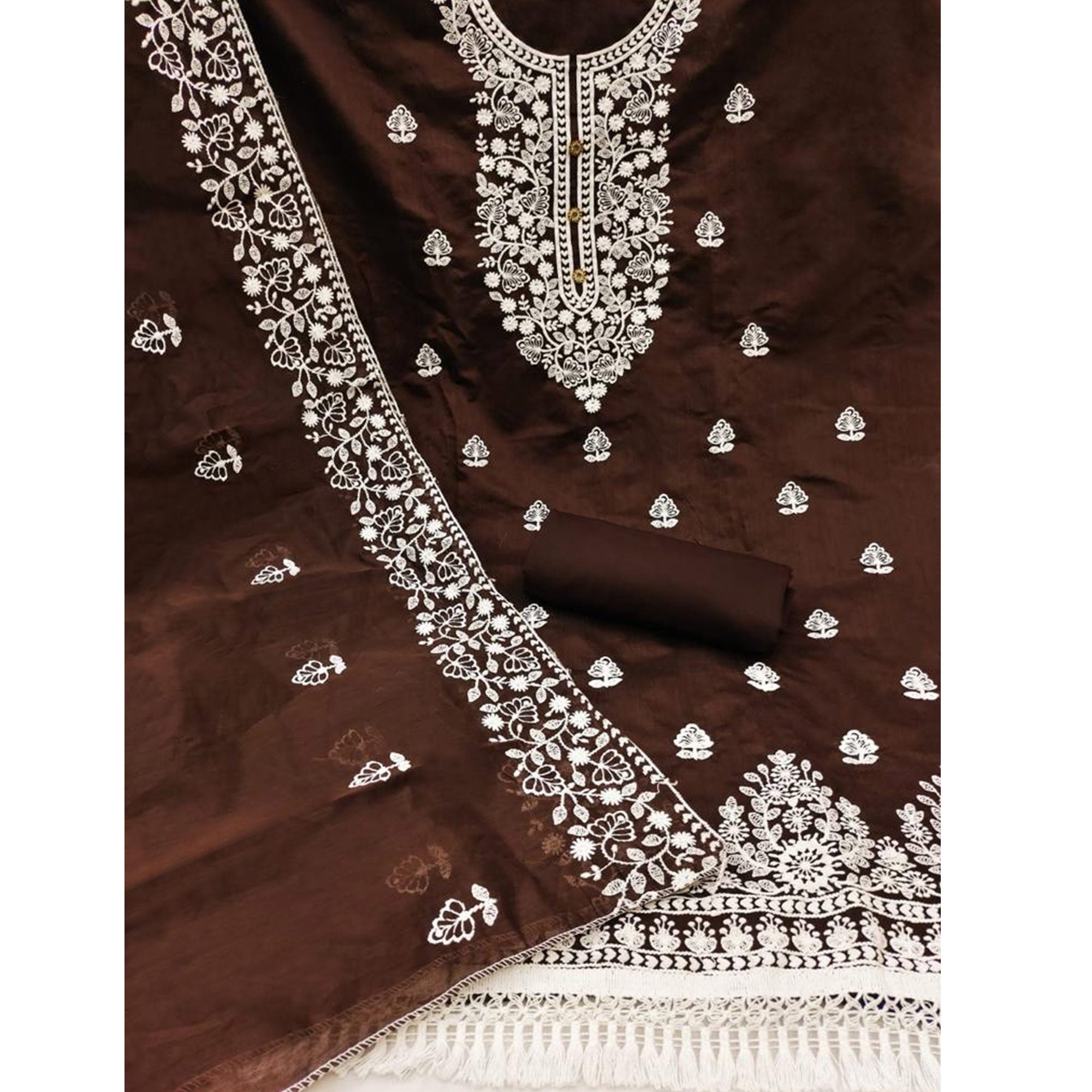 Brown Floral Embroidered Modal Dress Material