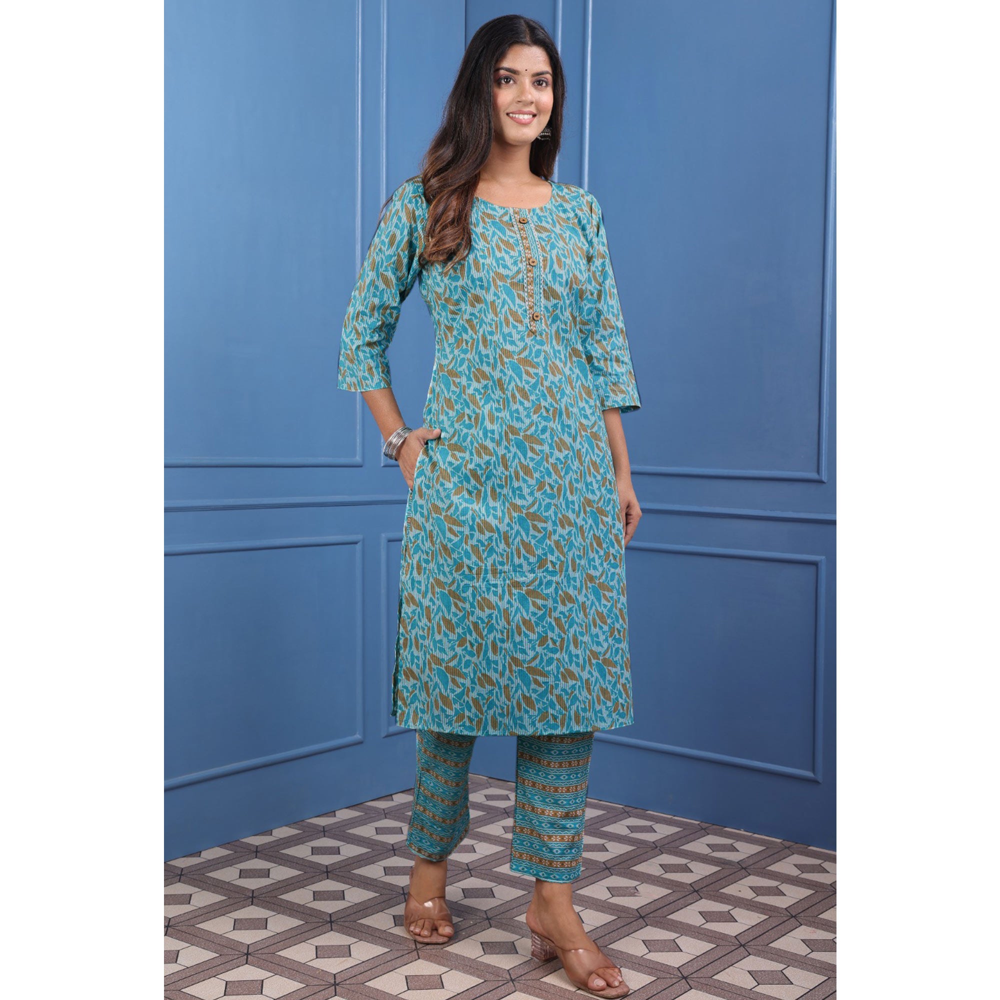 Turquoise Floral Printed Pure Cotton Suit