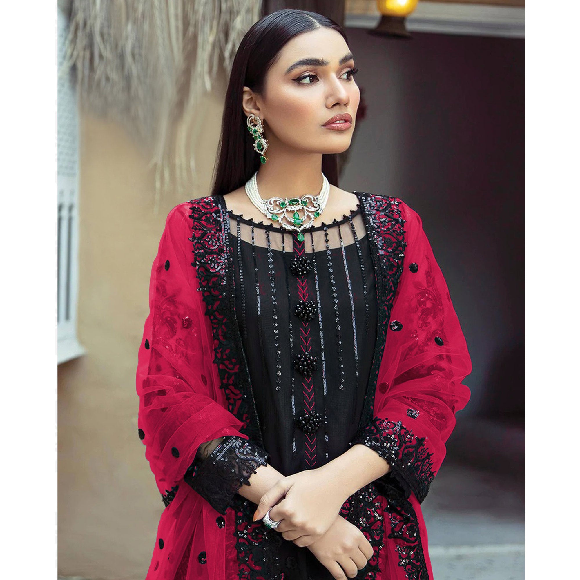 Black Floral Sequins Embroidered Georgette Pakistani Suit